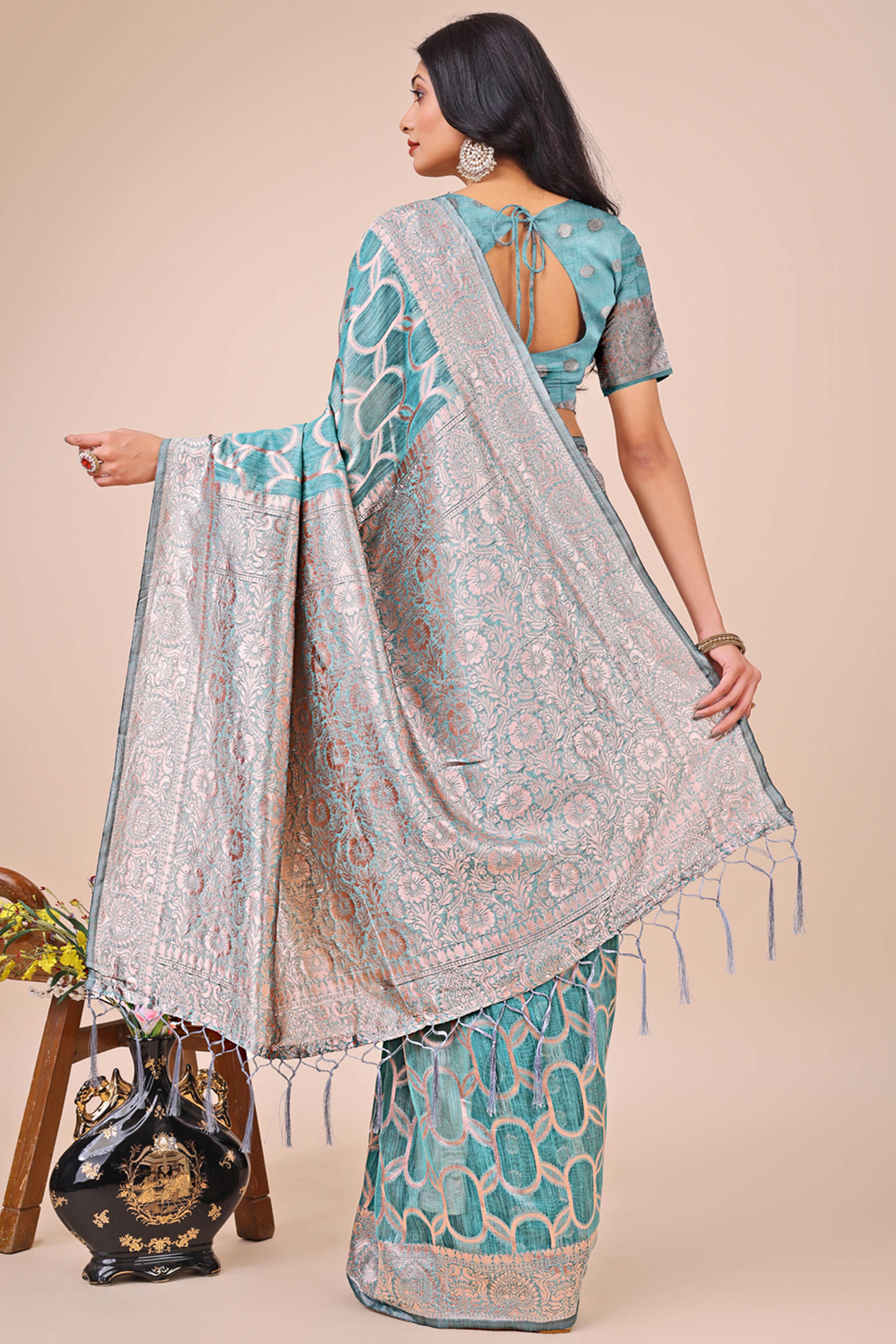 Blue Linen Cotton Saree With Floral Zari Weaving & Delicate Tassel Border