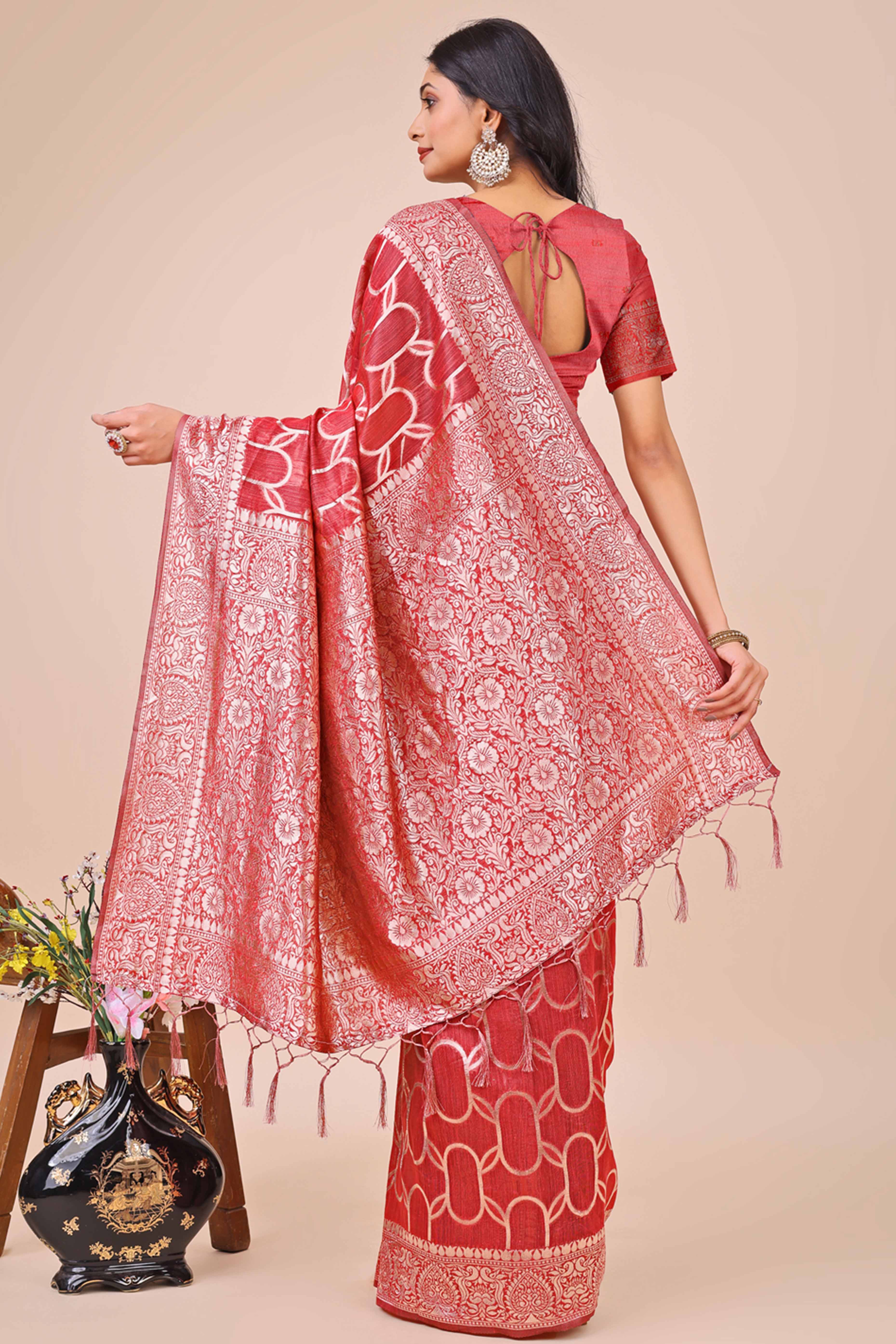 Red Linen Cotton Saree With Floral Zari Weaving & Delicate Tassel Border