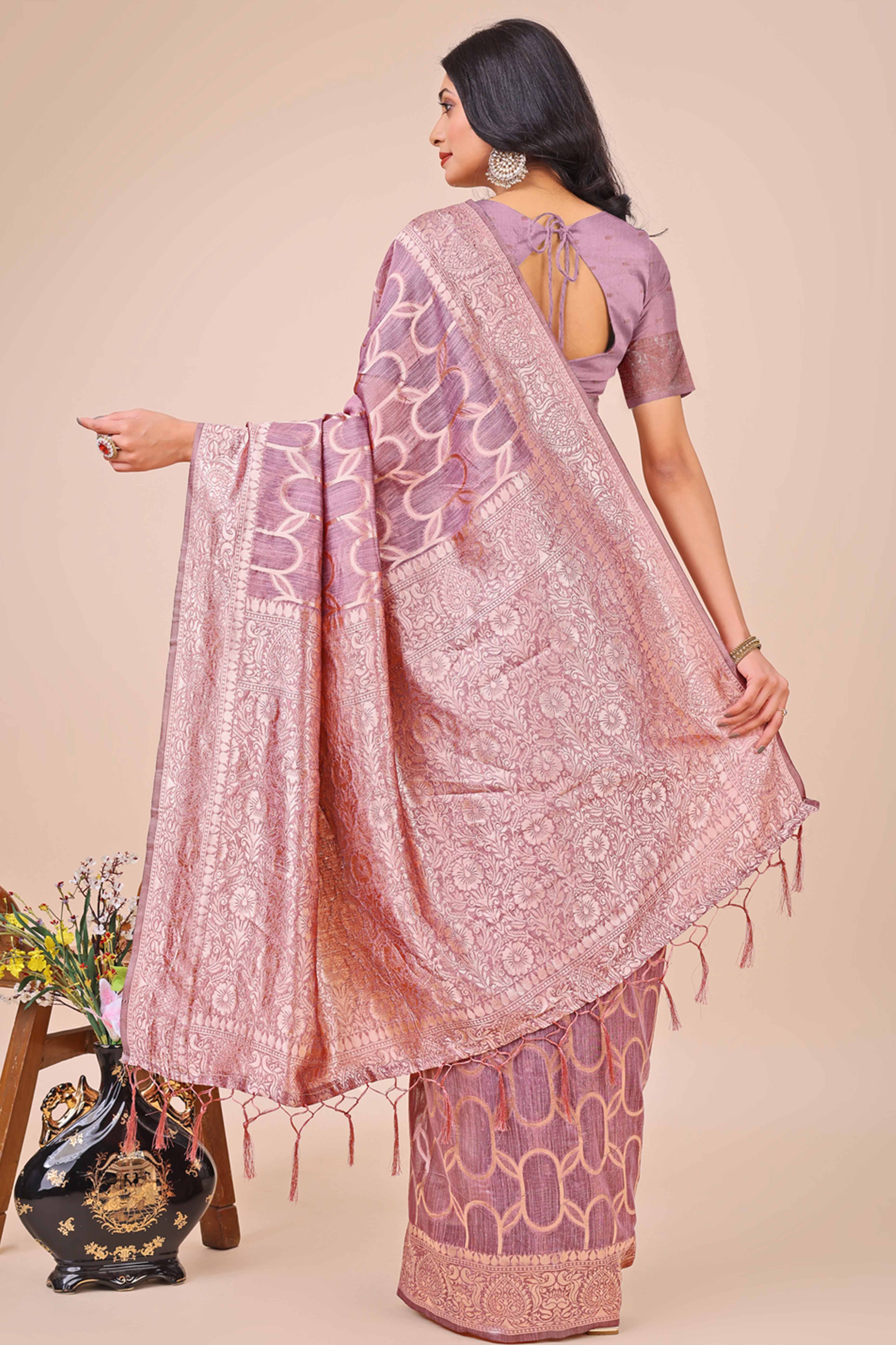 Purple Linen Cotton Saree With Floral Zari Weaving & Delicate Tassel Border