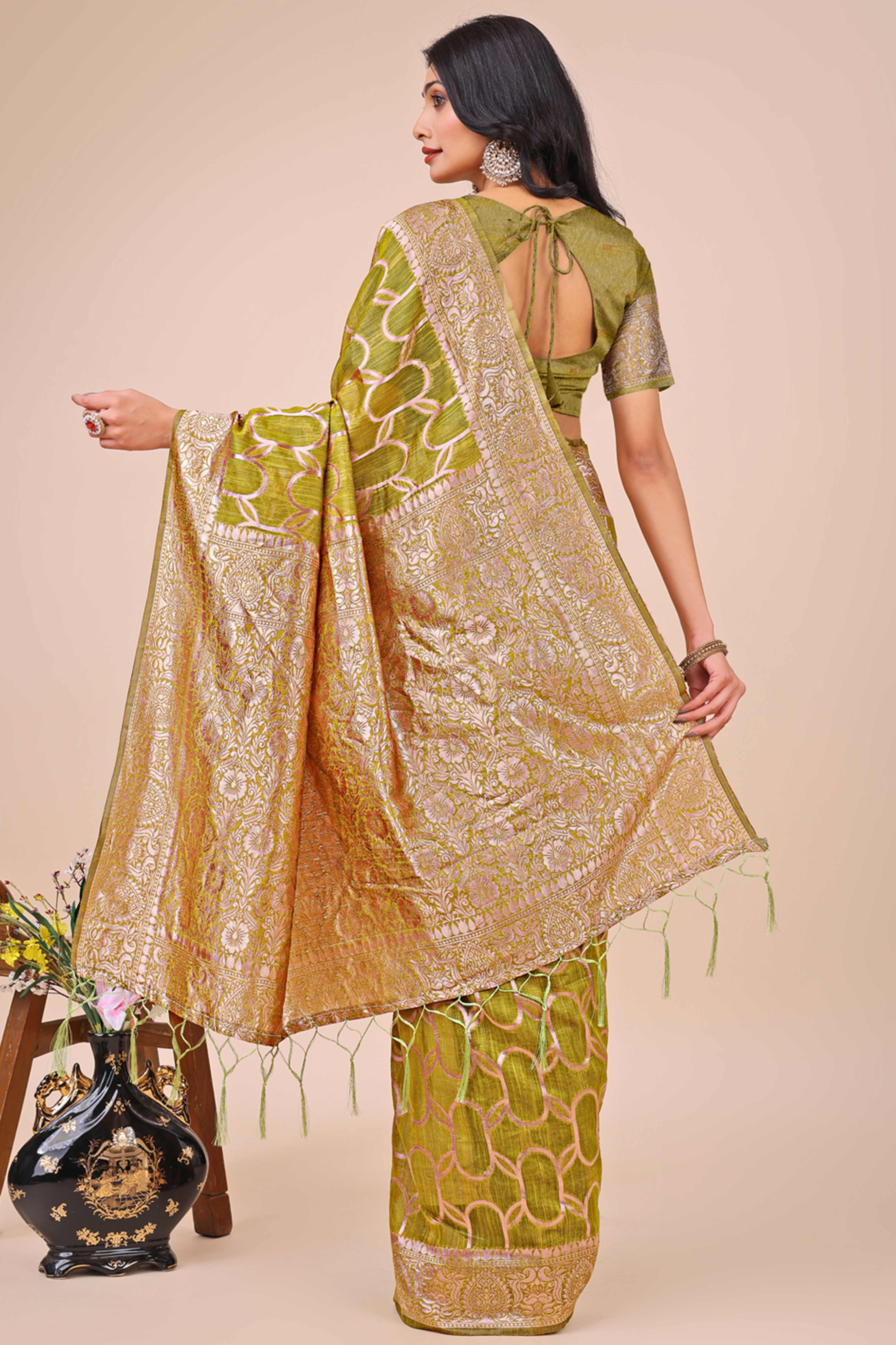 Olive Green Linen Cotton Saree With Floral Zari Weaving & Delicate Tassel Border
