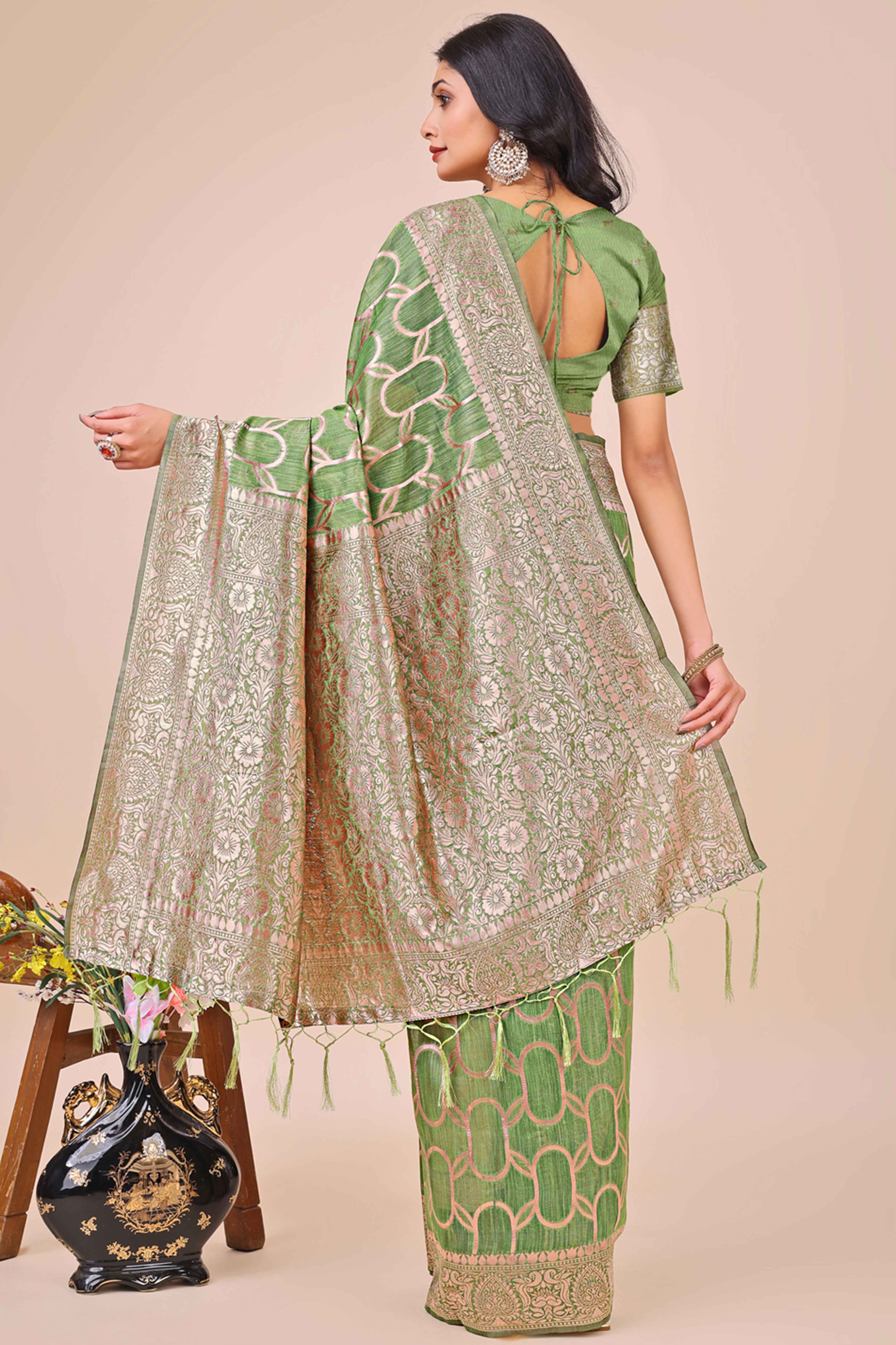 Green Linen Cotton Saree With Floral Zari Weaving & Delicate Tassel Border