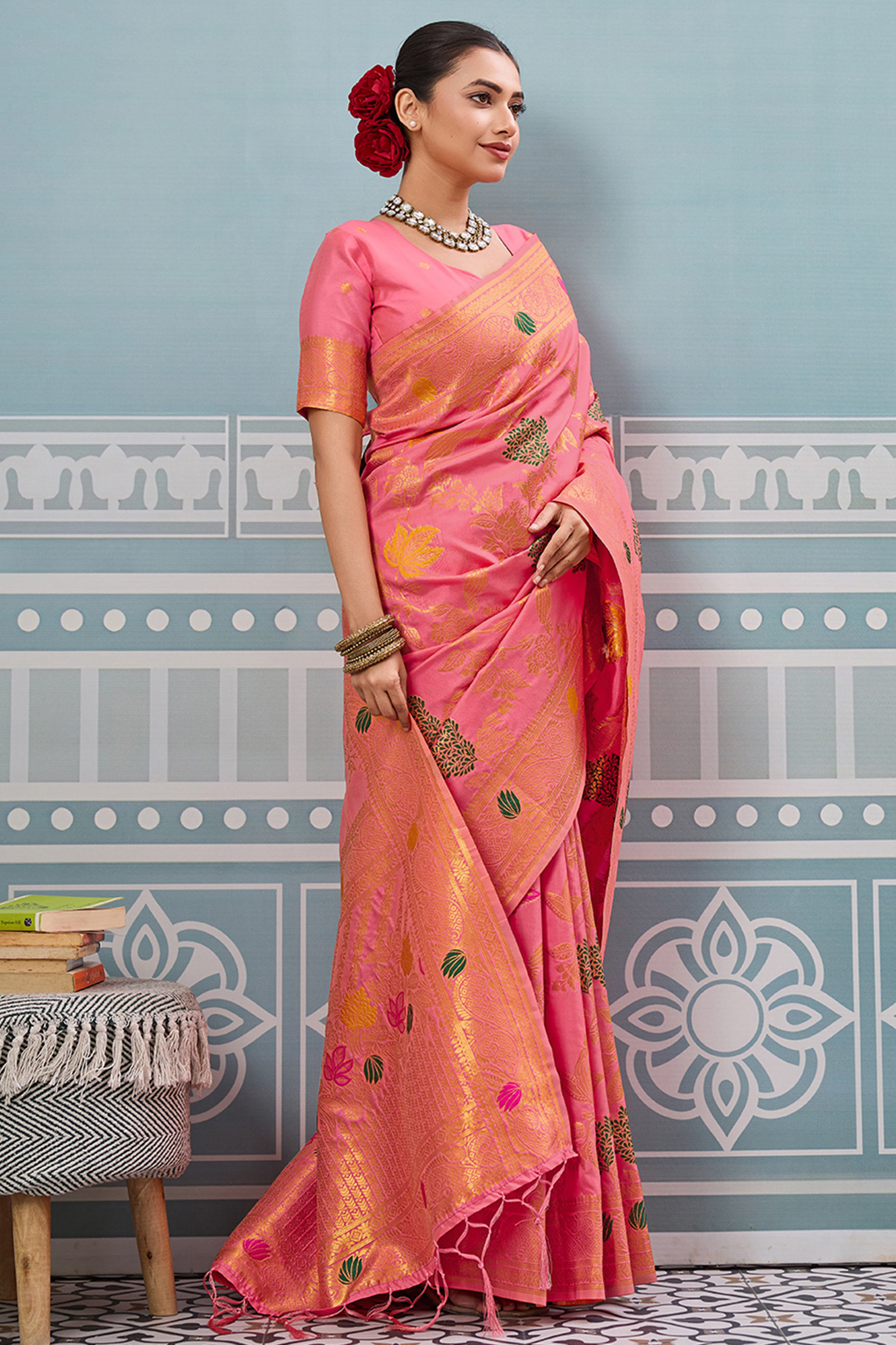 Radiant Pink Silk Blend Saree Adorned With Intricate Floral Zari Weaving & Tassel Pallu