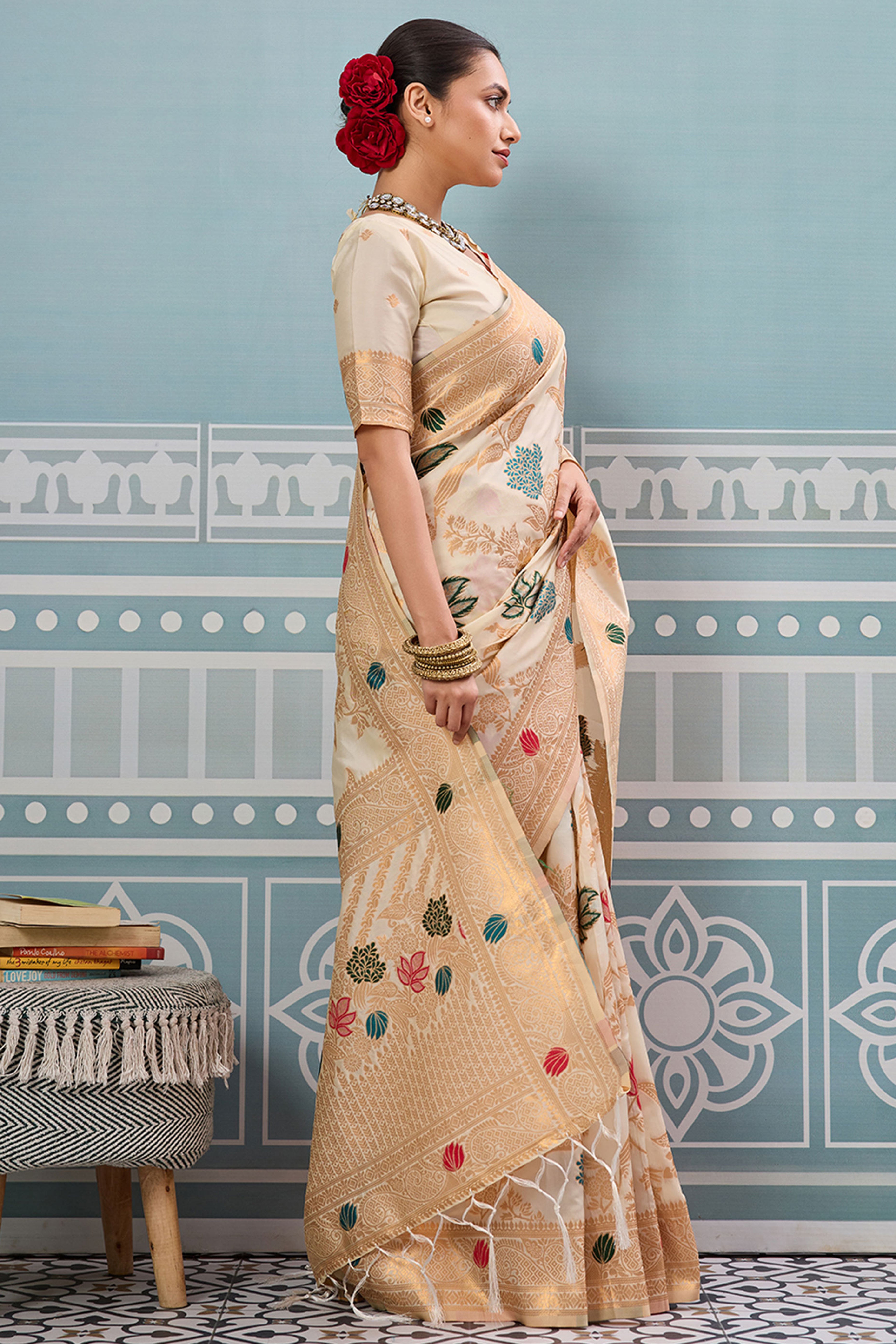 Radiant Cream Silk Blend Saree Adorned With Intricate Floral Zari Weaving & Tassel Pallu