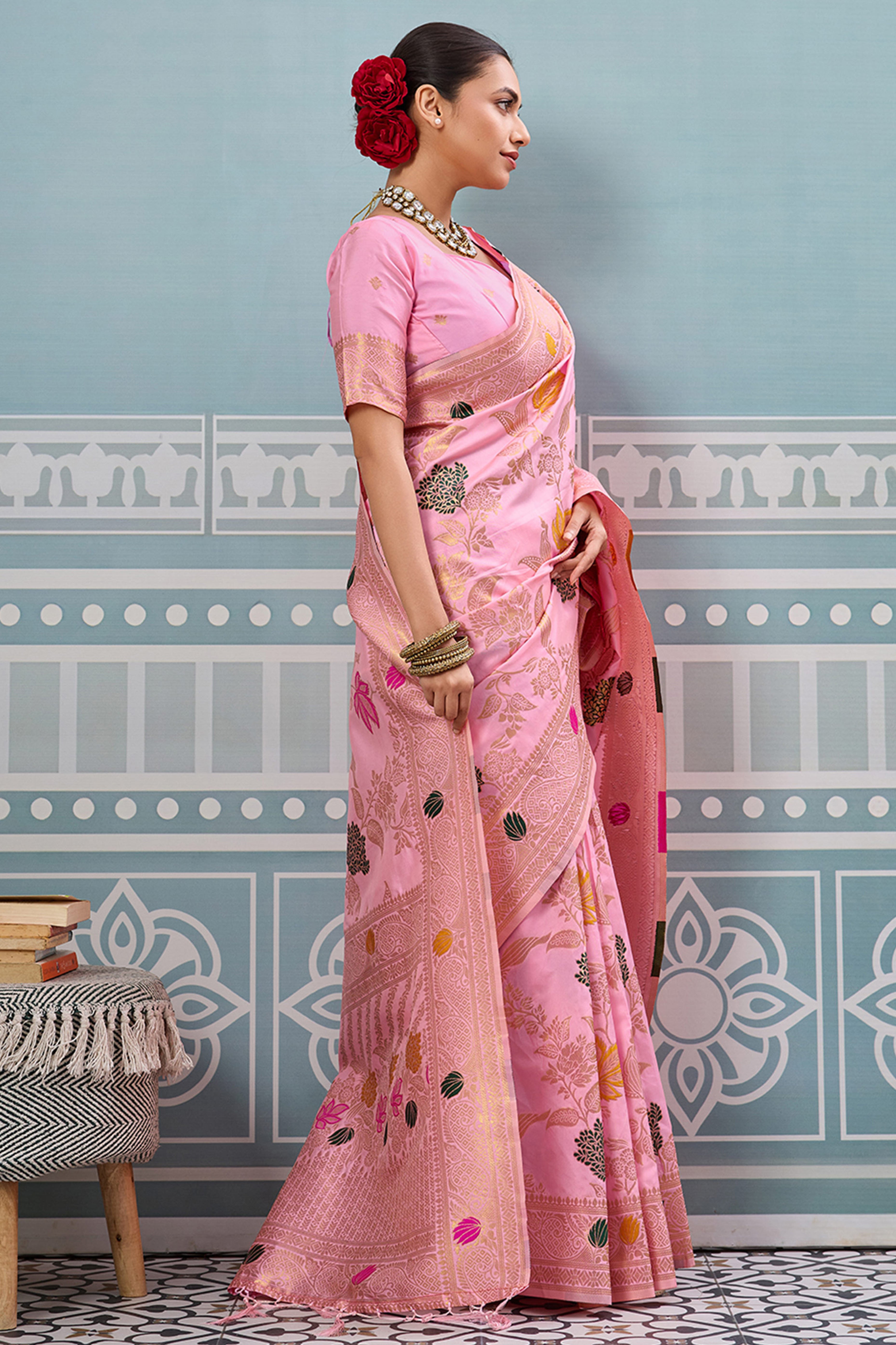 Radiant Light Pink Silk Blend Saree Adorned With Intricate Floral Zari Weaving & Tassel Pallu