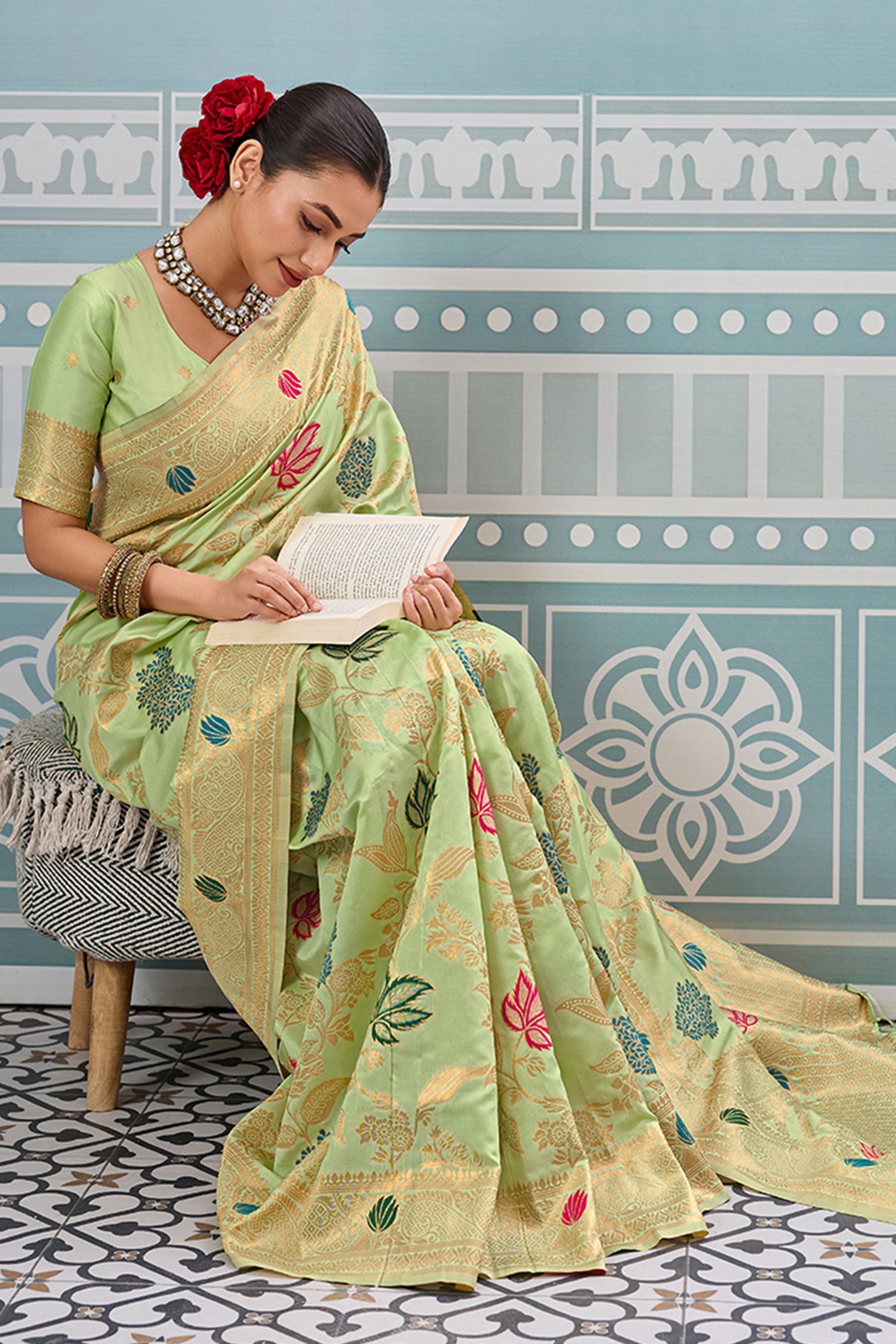 Radiant Pista Green Silk Blend Saree Adorned With Intricate Floral Zari Weaving & Tassel Pallu