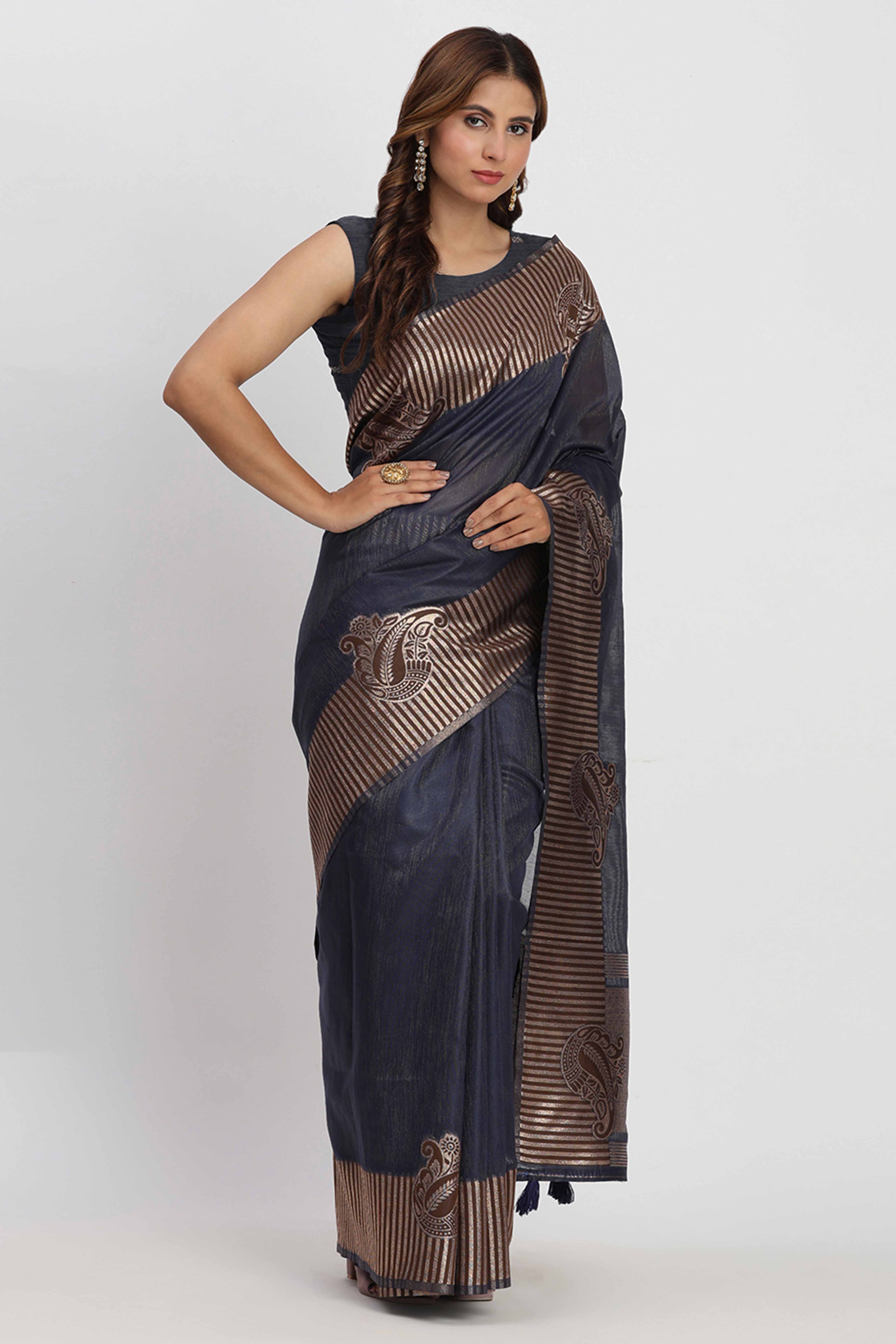 Linen Cotton Saree in Navy Blue Hue Featuring Rich Zari Weaving