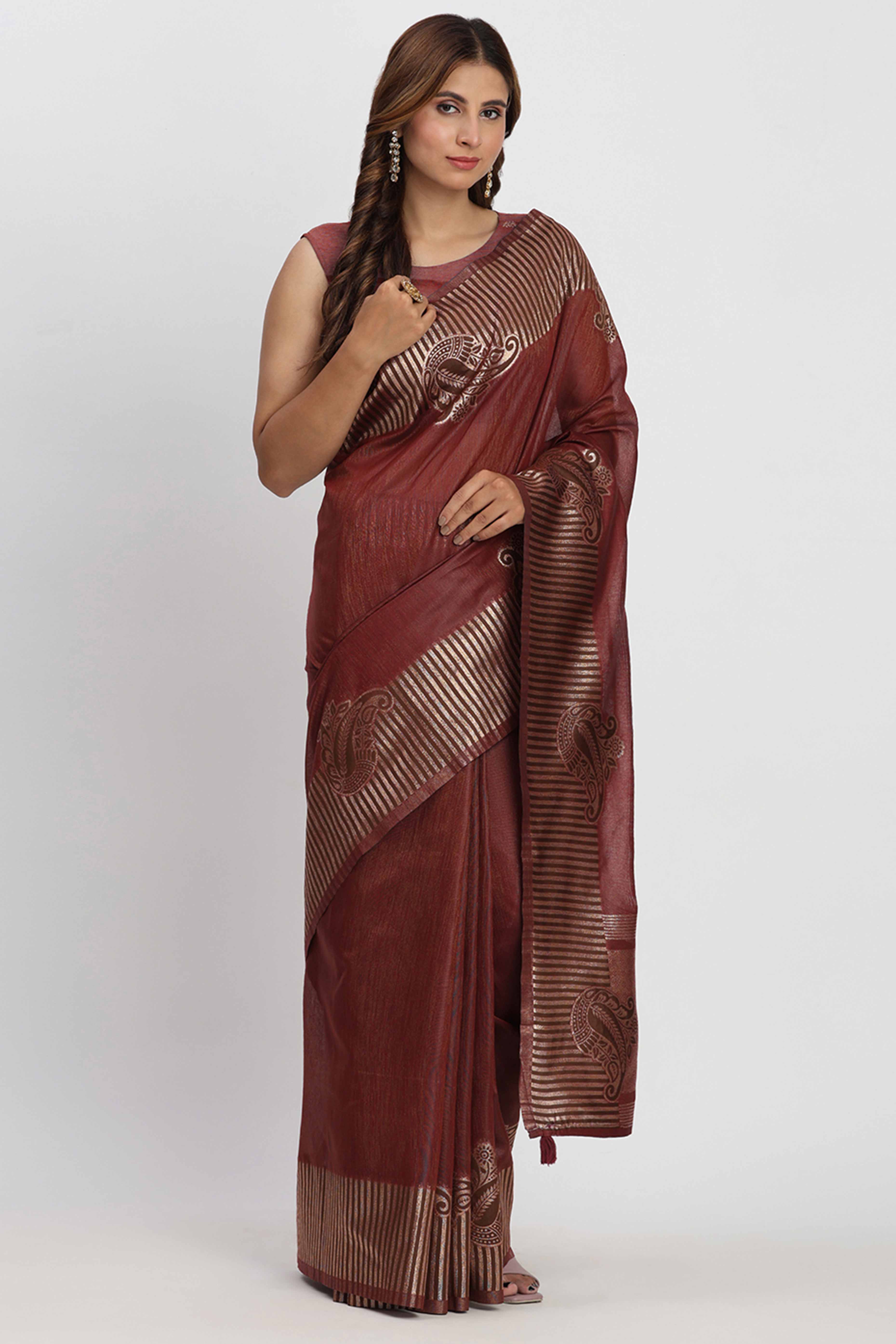 Linen Cotton Saree in Maroon Hue Featuring Rich Zari Weaving