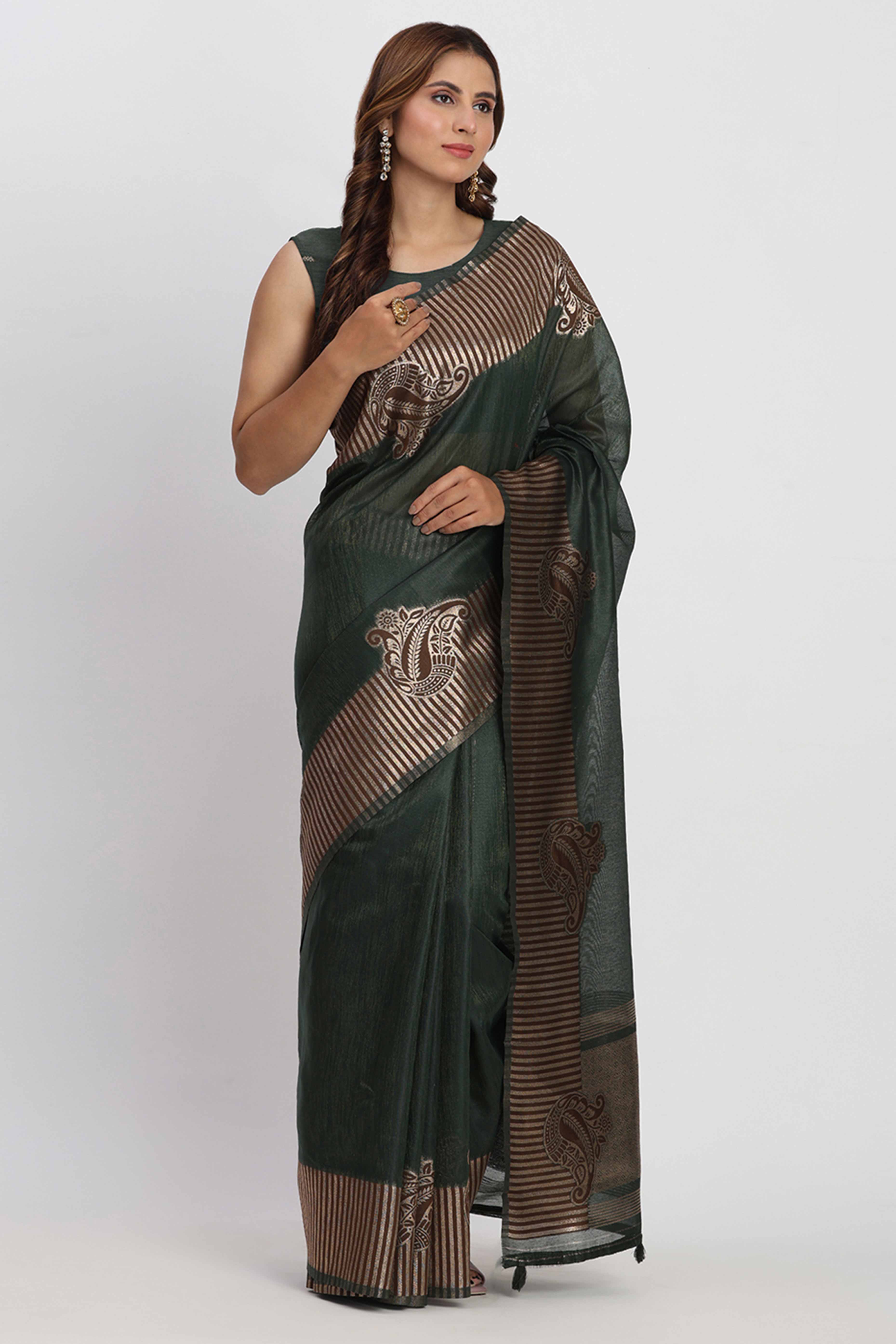 Linen Cotton Saree in Dark Green Hue Featuring Rich Zari Weaving