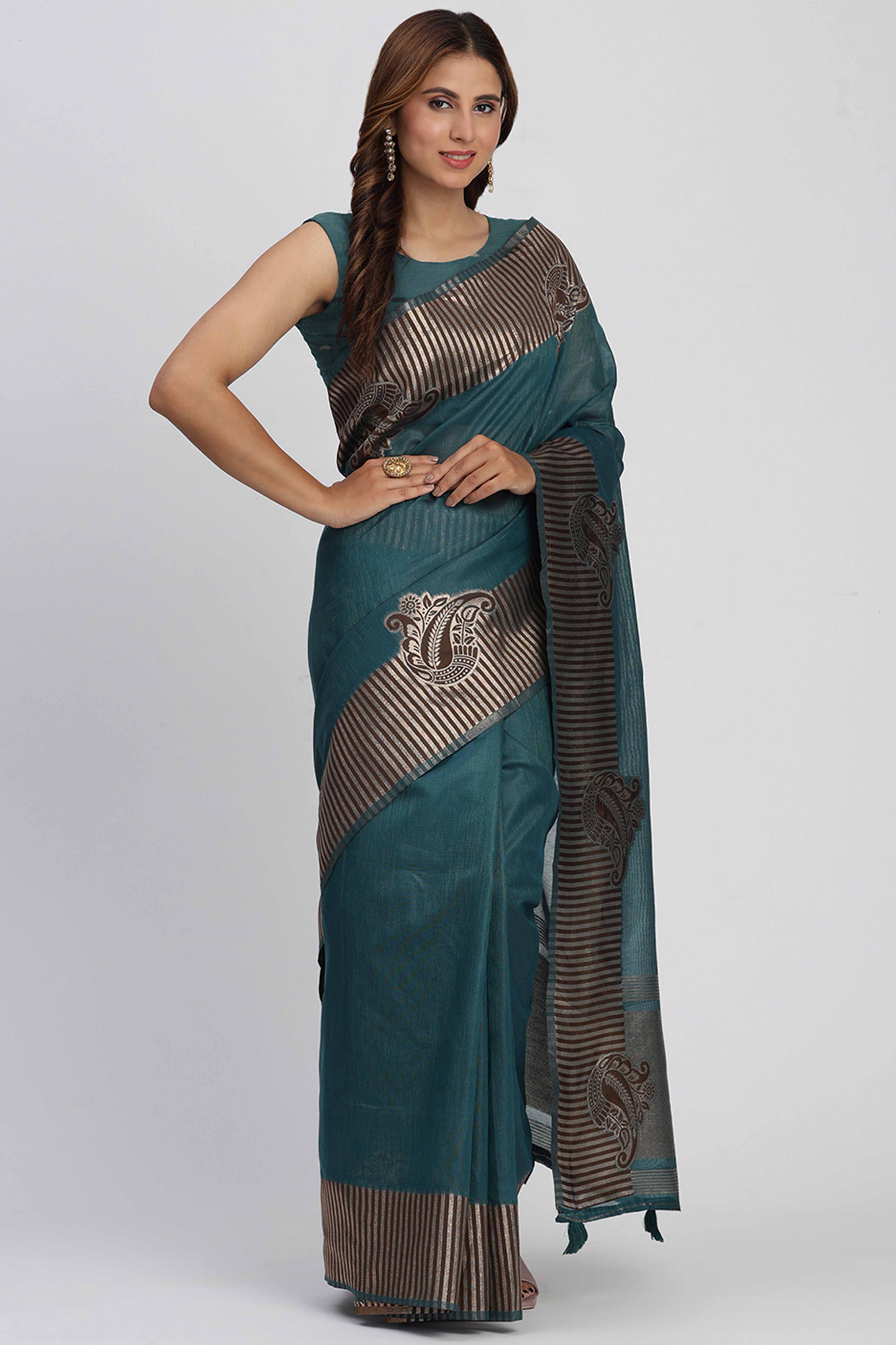 Linen Cotton Saree in Teal Hue Featuring Rich Zari Weaving