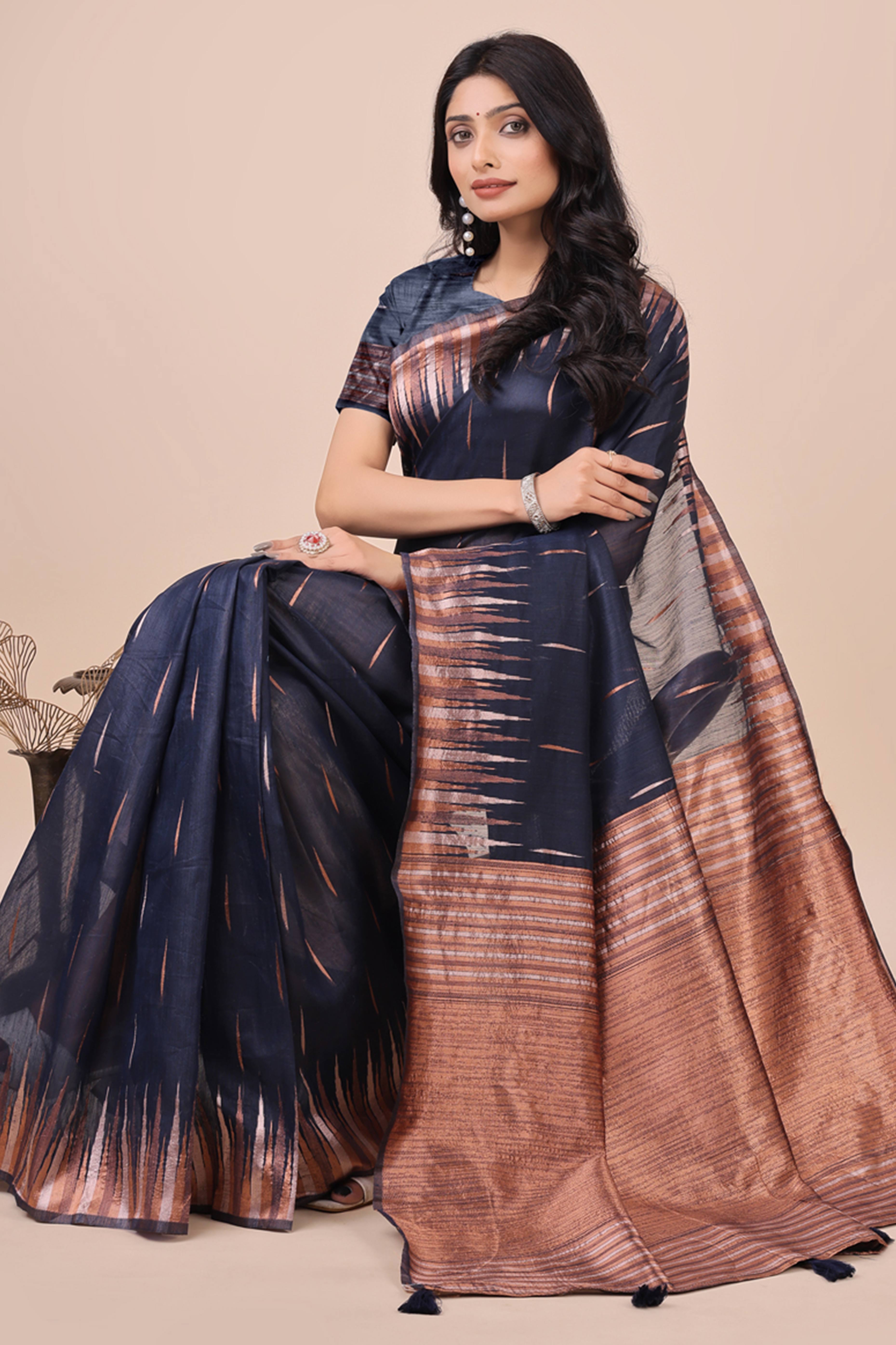 Navy Blue Saree In Linen Cotton With Exquisite Zari Weaving & Subtle Tassel Border