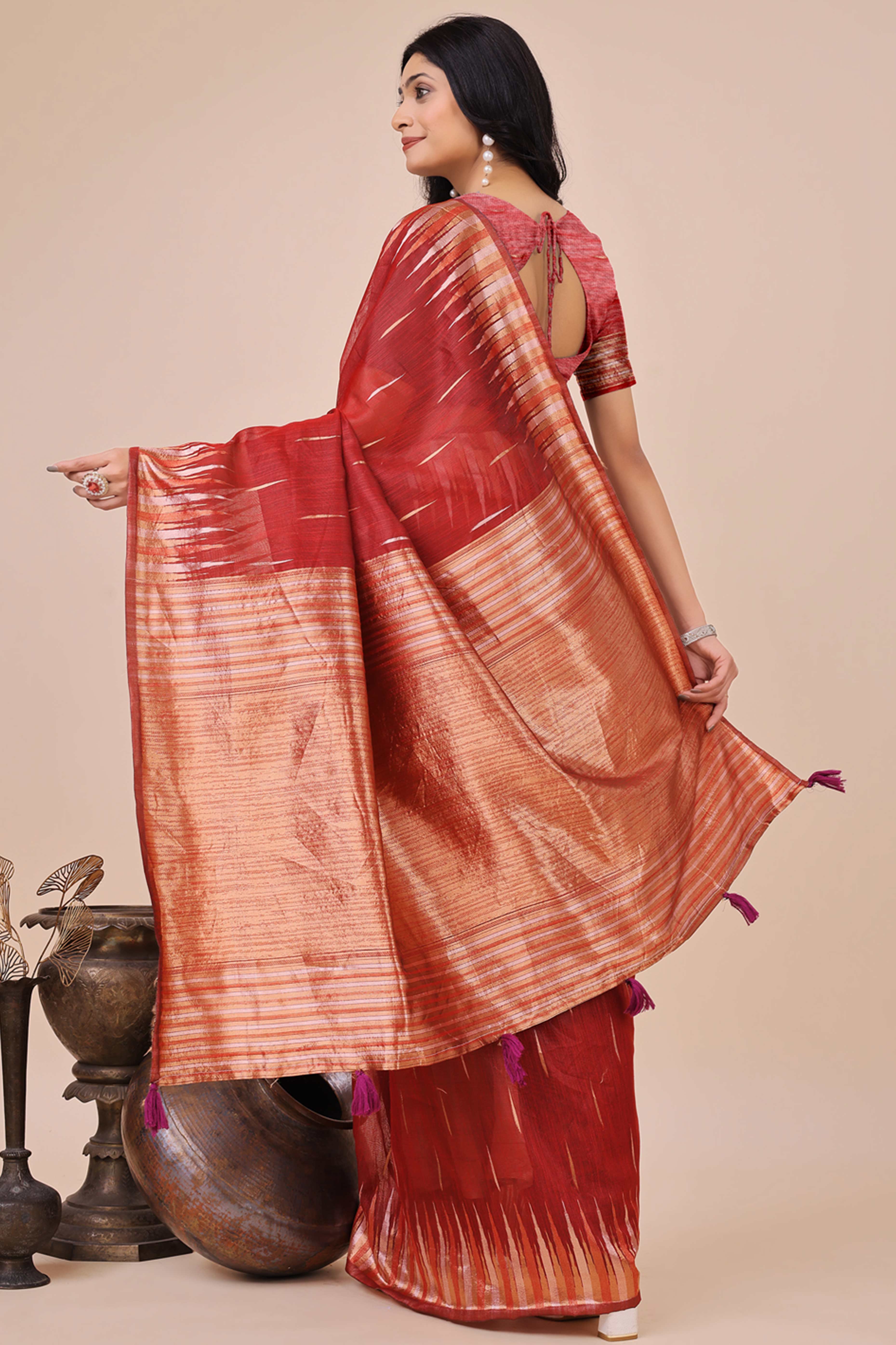 Red Saree In Linen Cotton With Exquisite Zari Weaving & Subtle Tassel Border