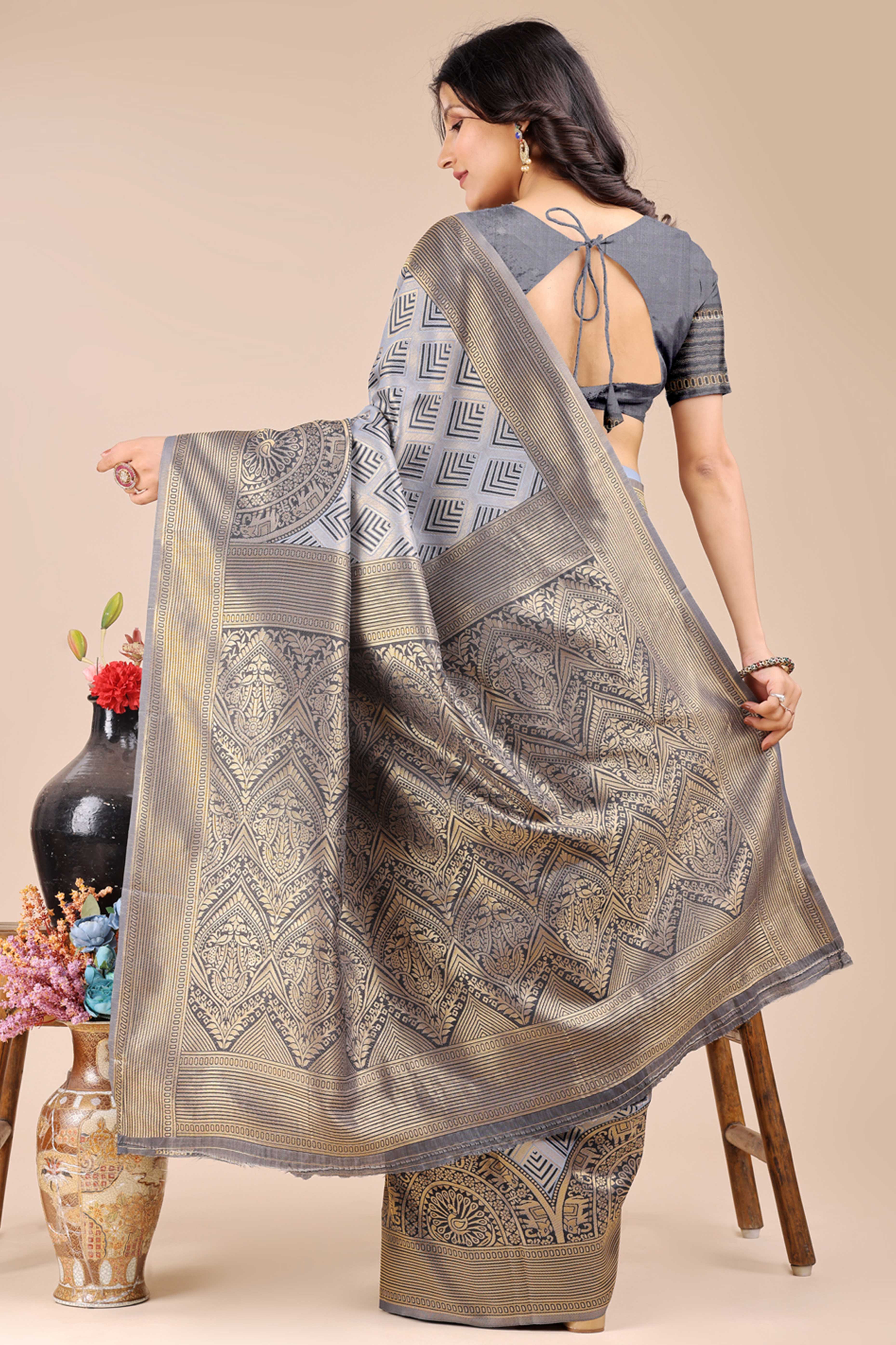 Grey Zari Woven Banarasi Silk Saree with Luxurious Detailing