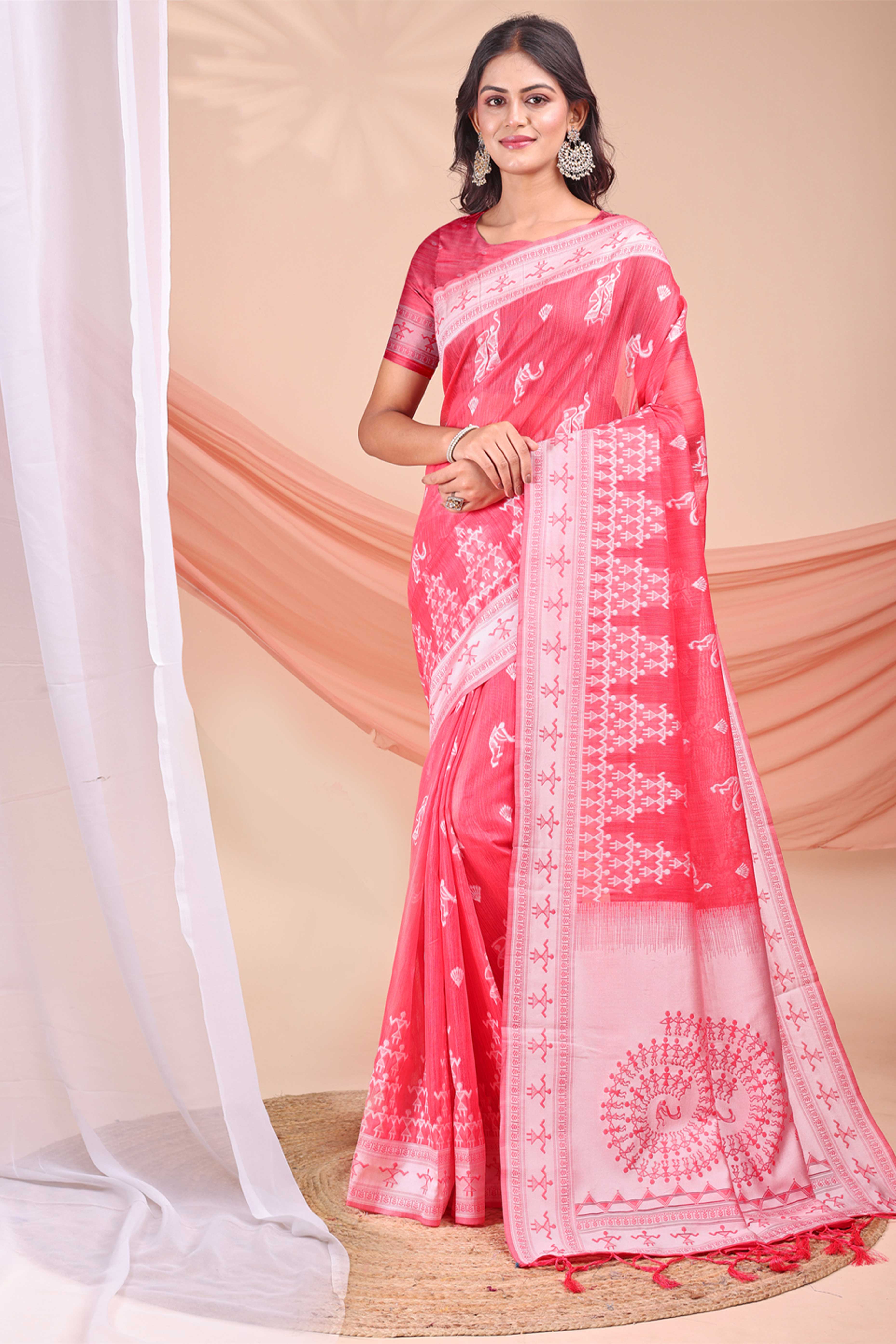 Pink Ethnic Saree in Soft Linen Cotton Fabric Featuring Warli Art Weaving