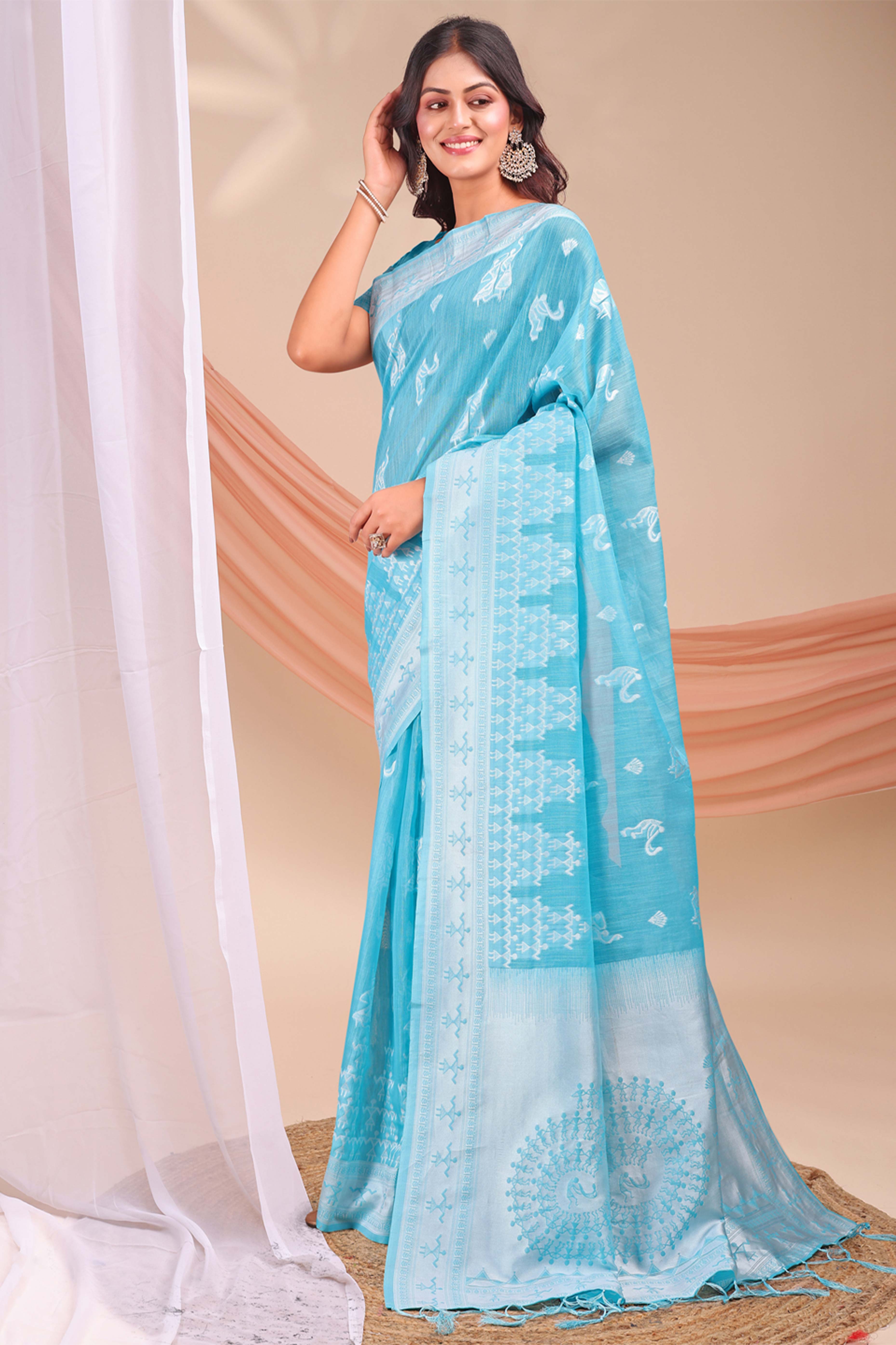 Sky Blue Ethnic Saree in Soft Linen Cotton Fabric Featuring Warli Art Weaving