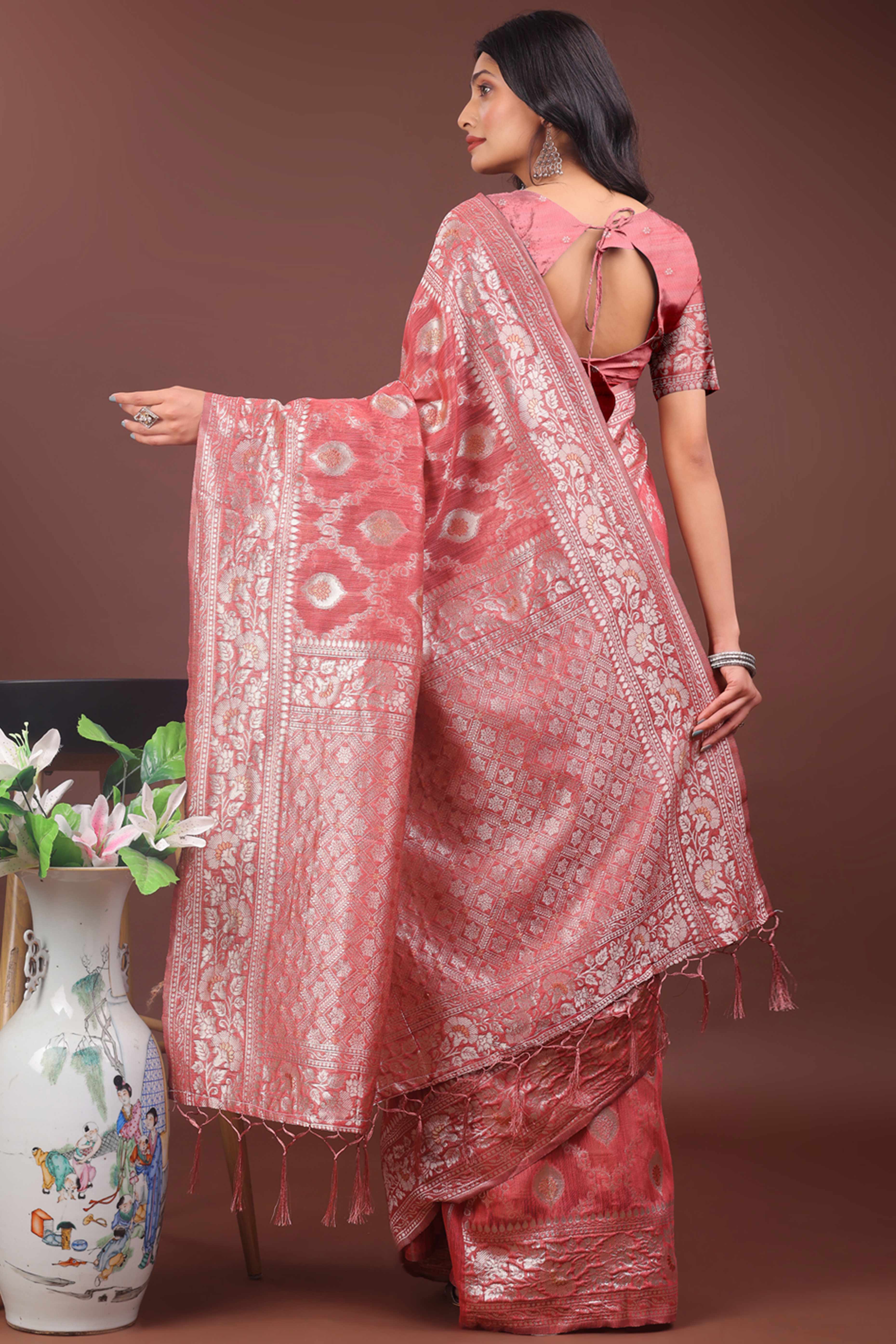 Peach Cotton Blend Saree with Banarasi Style Floral Design and Tassels