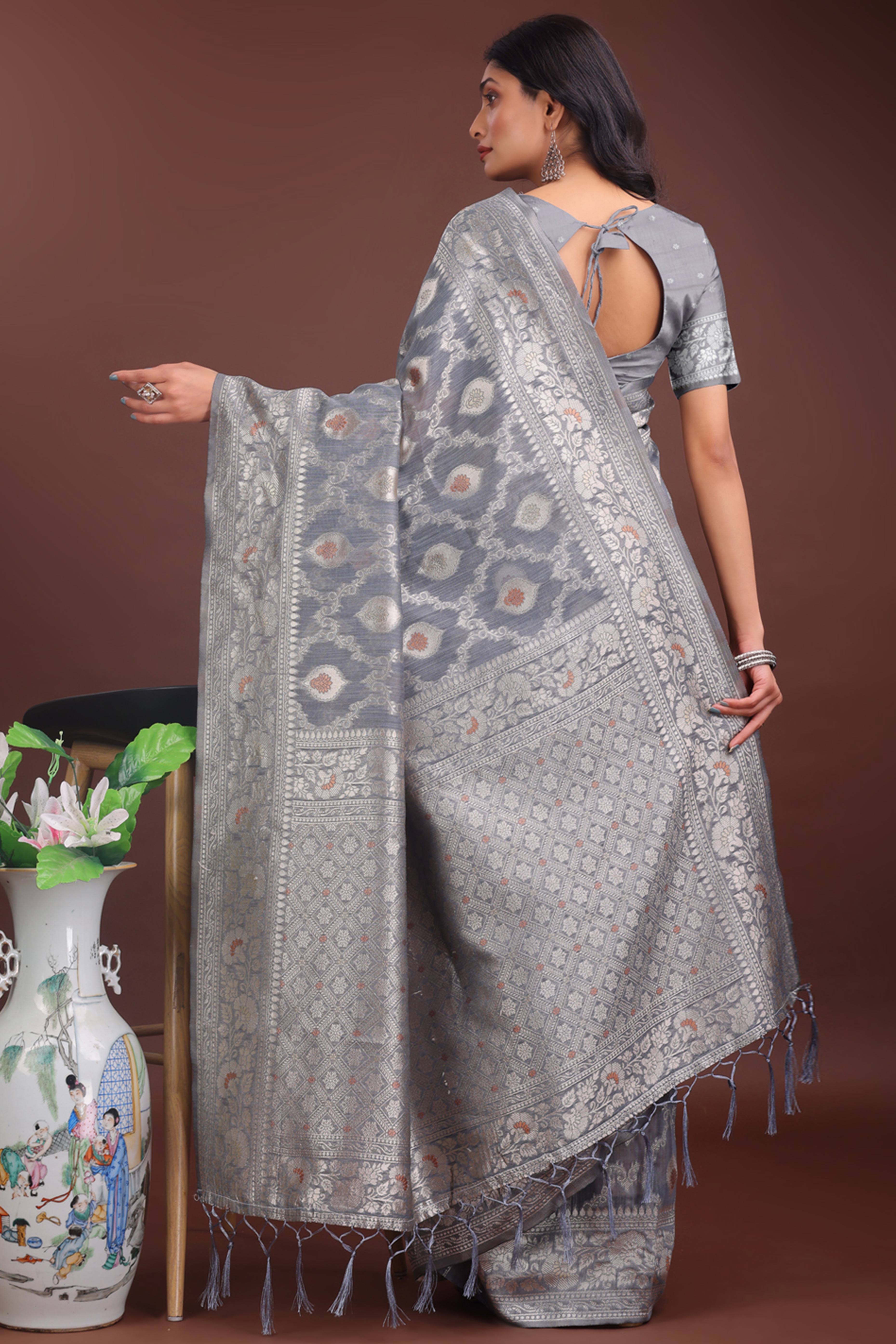 Grey Cotton Blend Saree with Banarasi Style Floral Weaving and Tassels