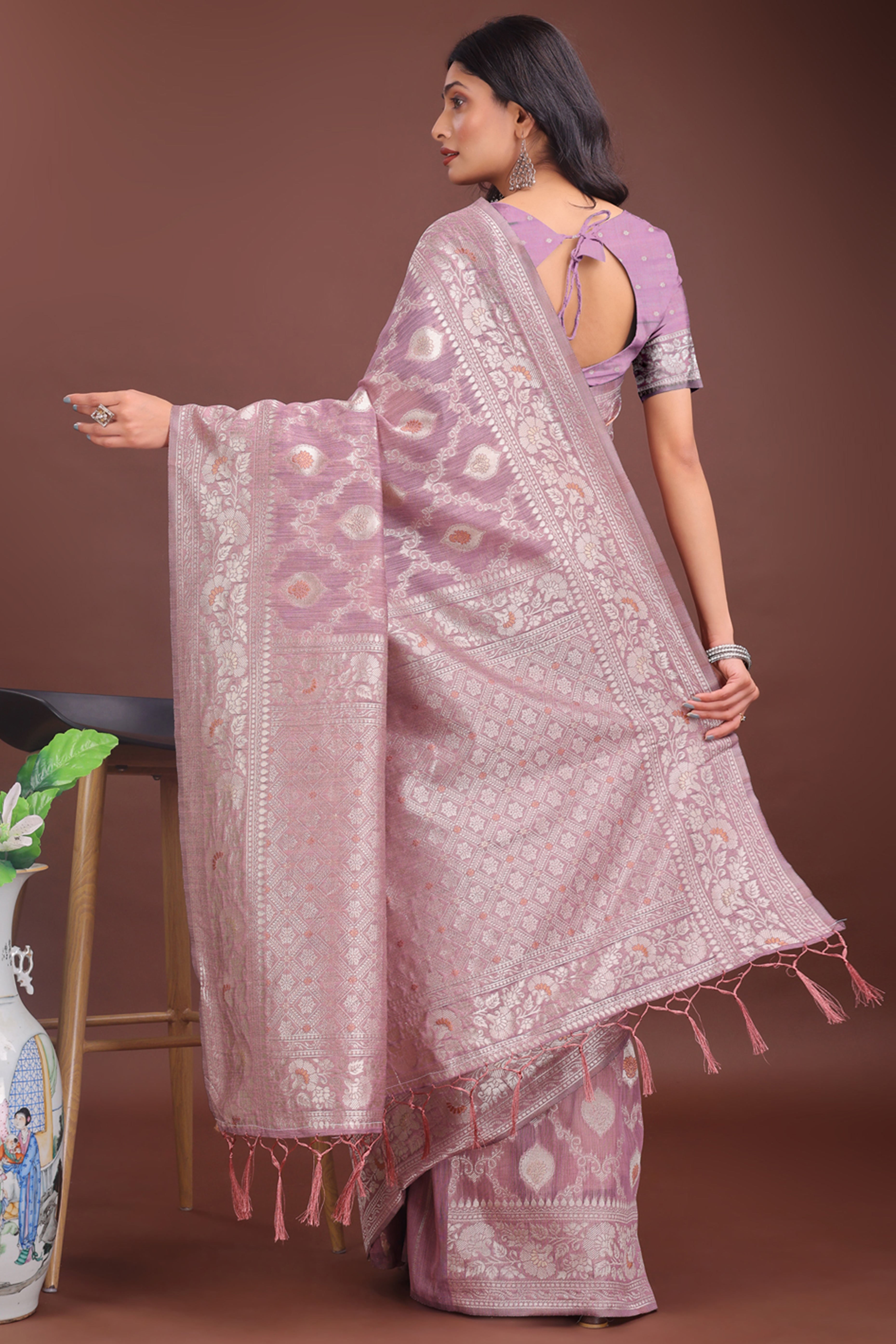 Dusty Mauve Cotton Blend Saree with Banarasi Style Floral Elegance and Tassels