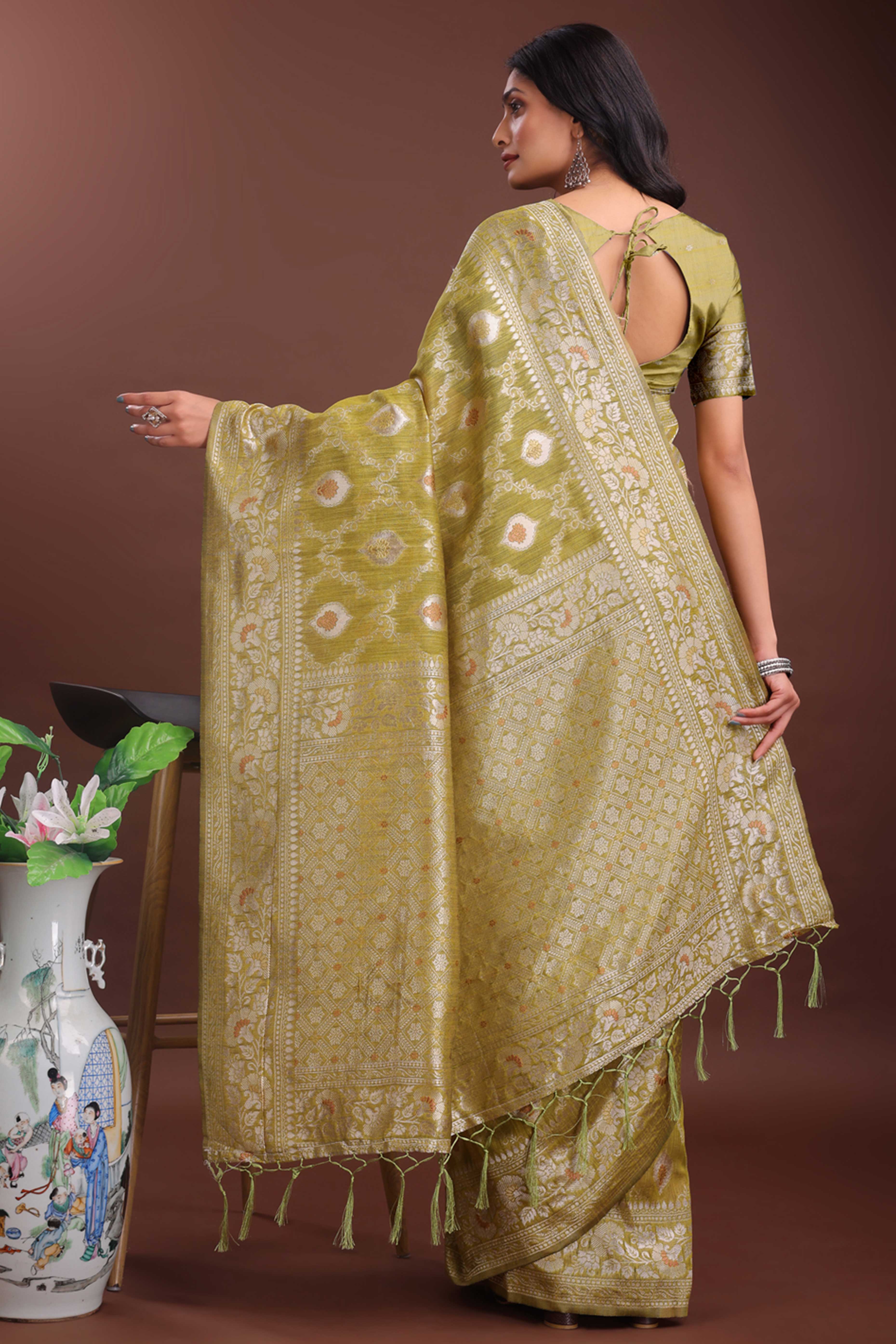 Olive Cotton Blend Saree with Banarasi Style Floral Motif and Tassels