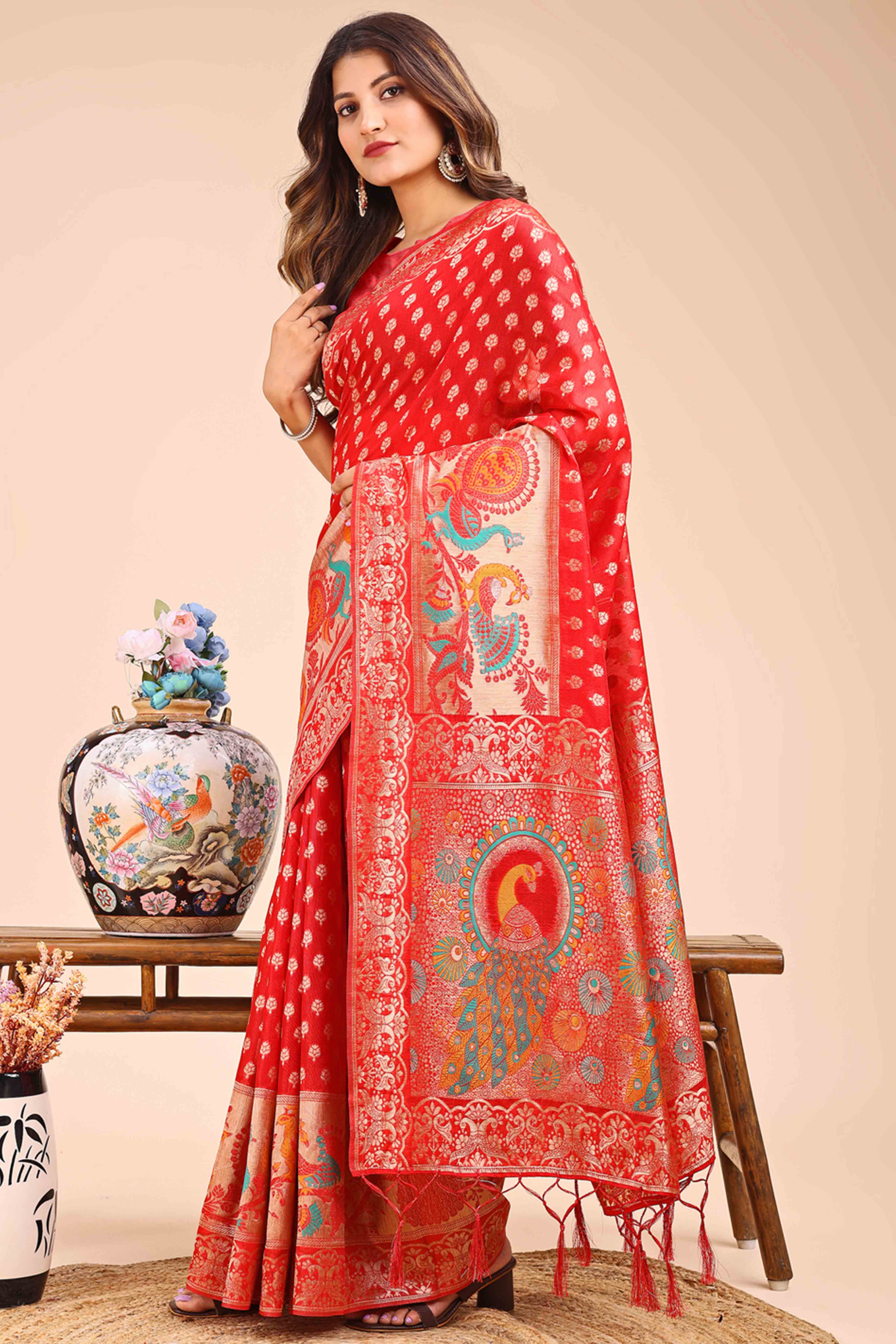 Red Floral Zari Weaving Embellished Linen Cotton Saree With Tassel Accents