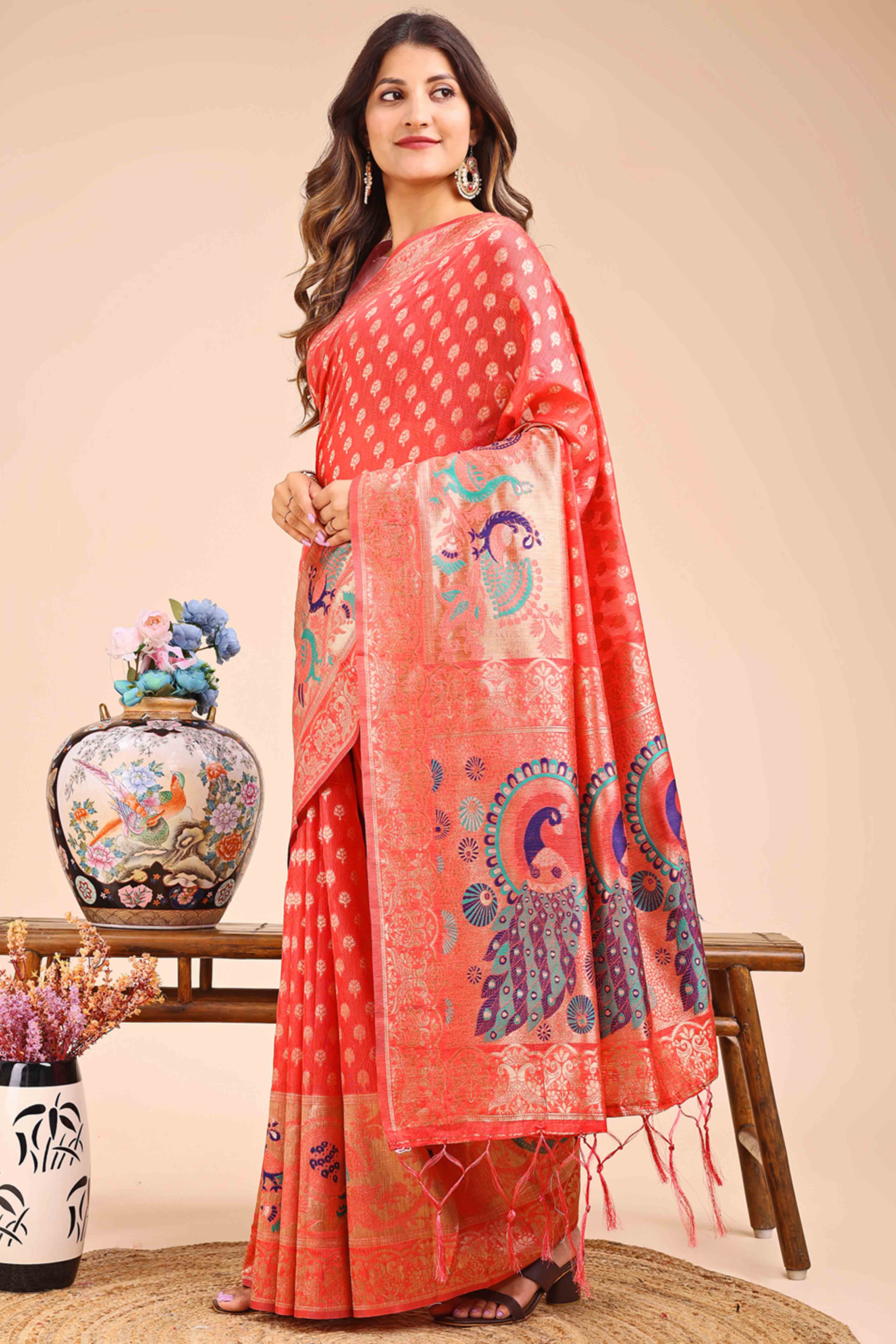 Coral Red Floral Zari Weaving Embellished Linen Cotton Saree With Tassel Accents
