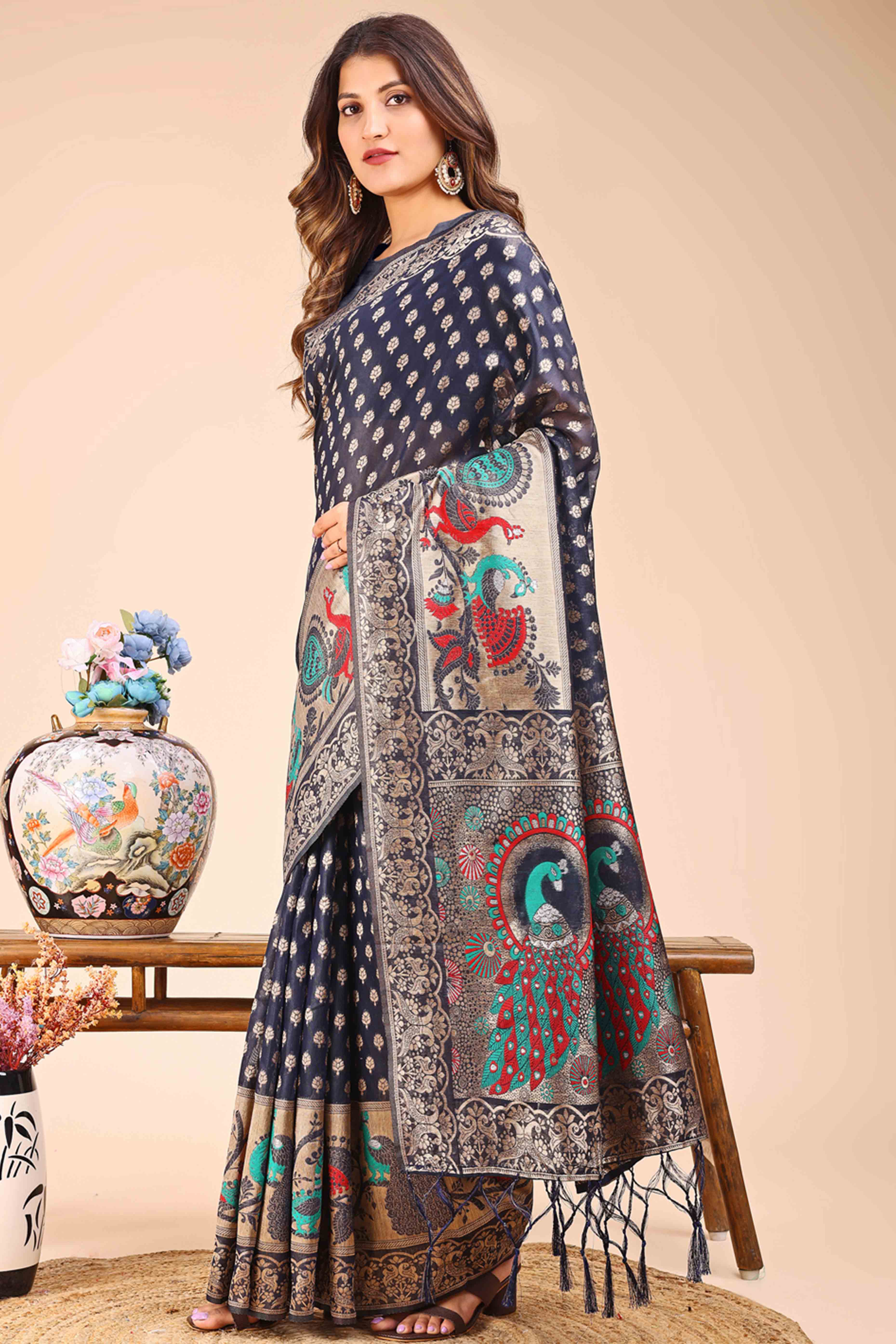 Navy Blue Floral Zari Weaving Embellished Linen Cotton Saree With Tassel Accents