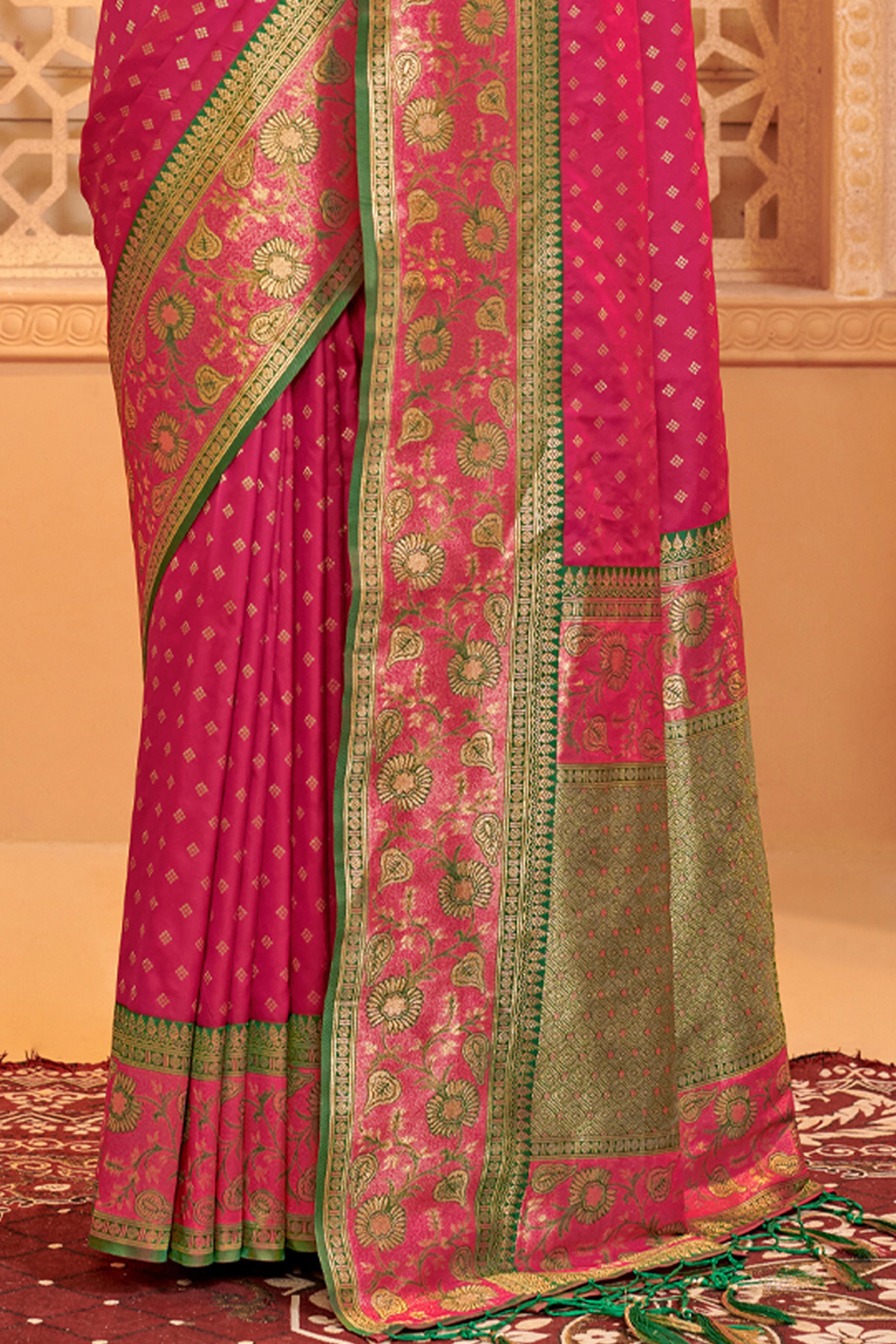 Elegant Rani Pink Floral Zari Weaving Silk Blend Saree With Tassel Pallu