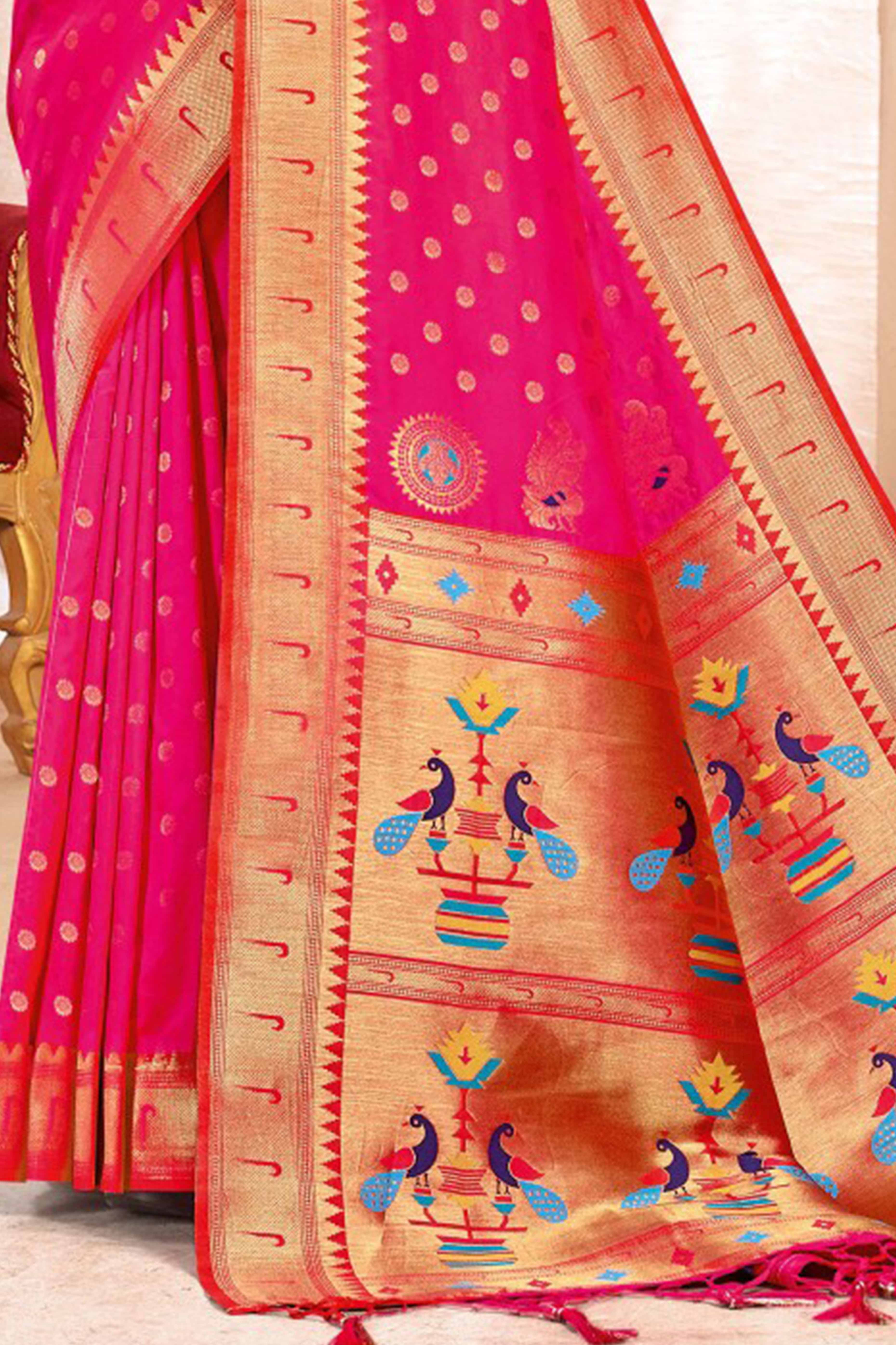 Rani Pink Floral Zari Weaving Paithani Saree In Lustrous Banarasi Silk With Tassel Pallu
