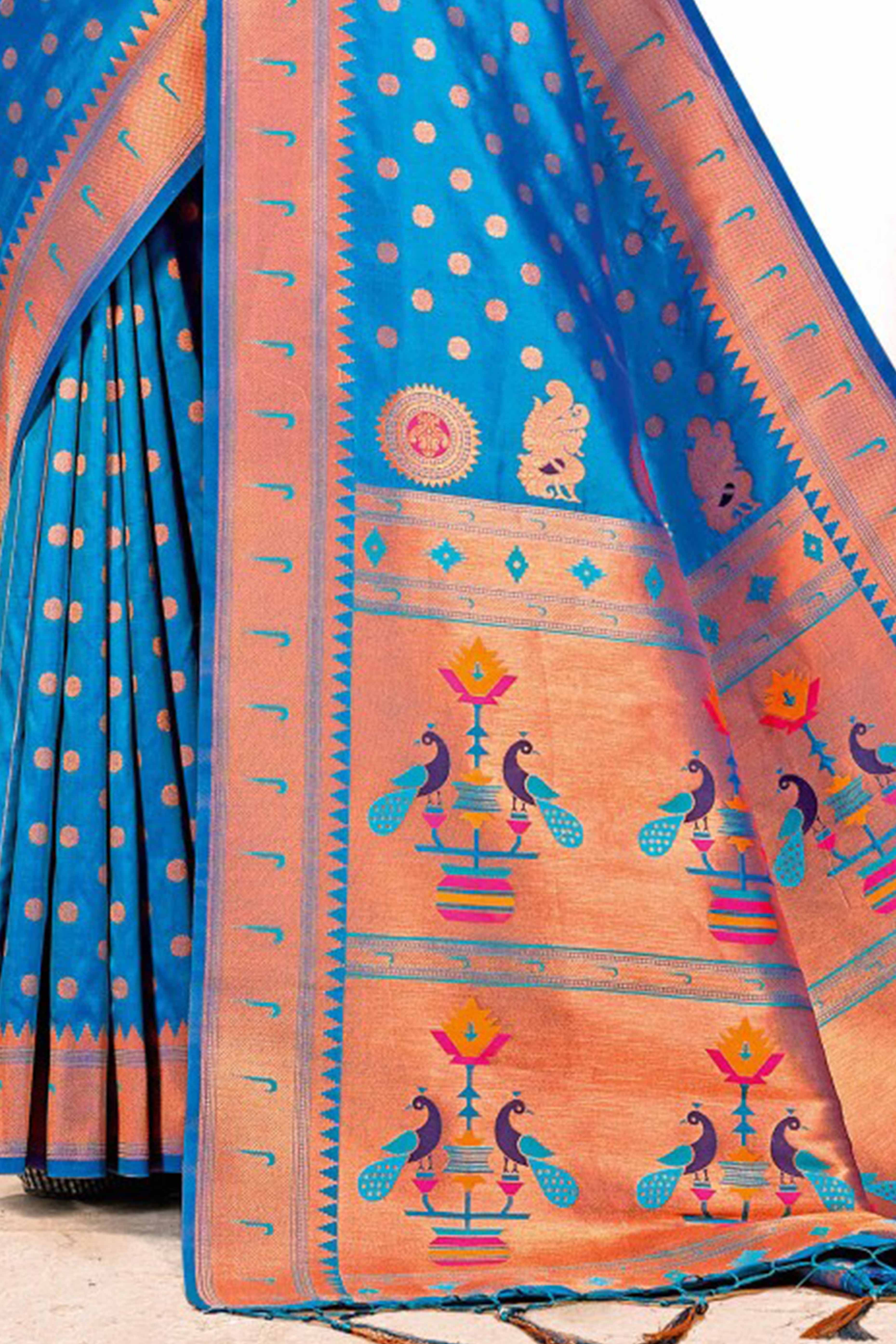 Blue Floral Zari Weaving Paithani Saree In Lustrous Banarasi Silk With Tassel Pallu