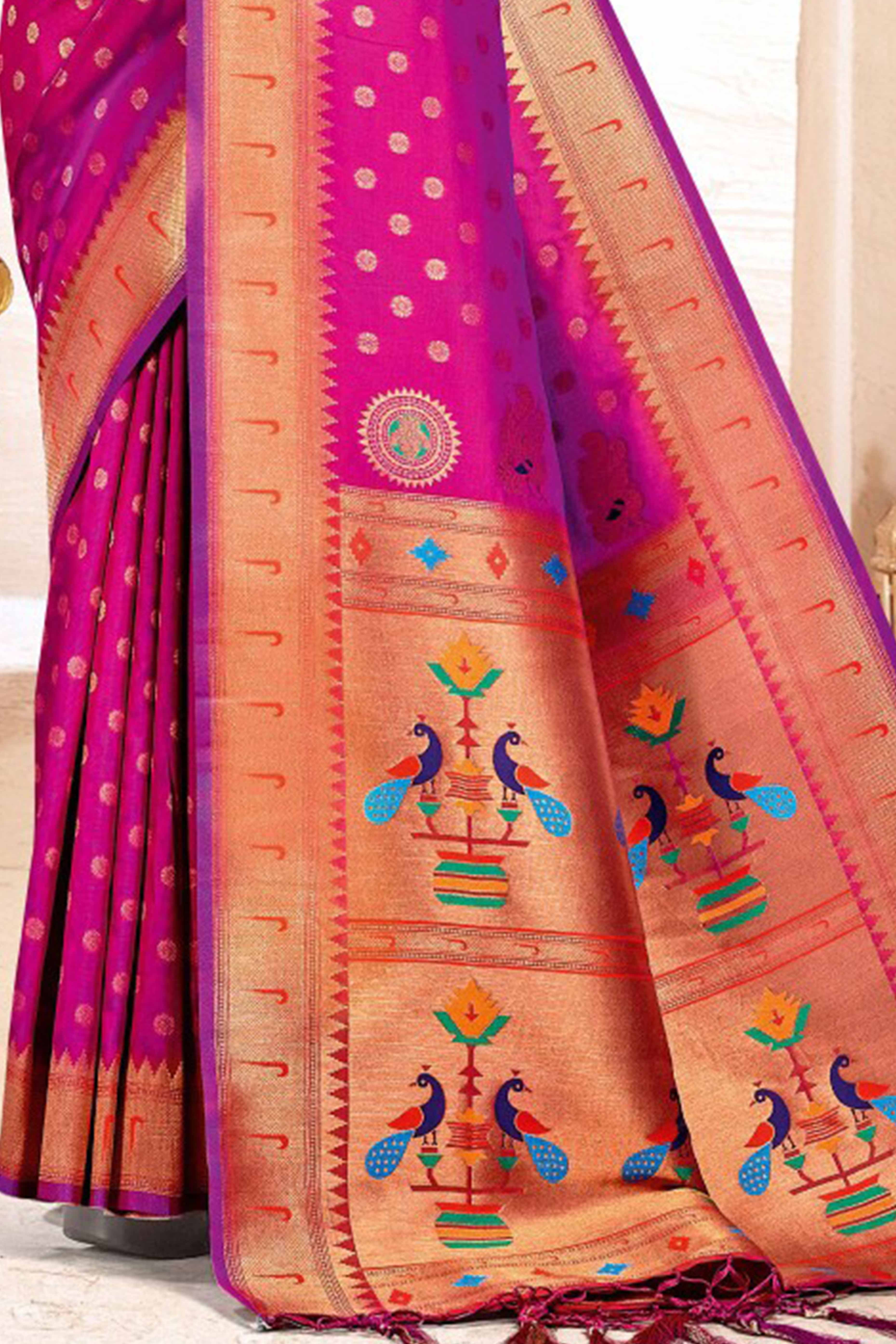 Purple Floral Zari Weaving Paithani Saree In Lustrous Banarasi Silk With Tassel Pallu