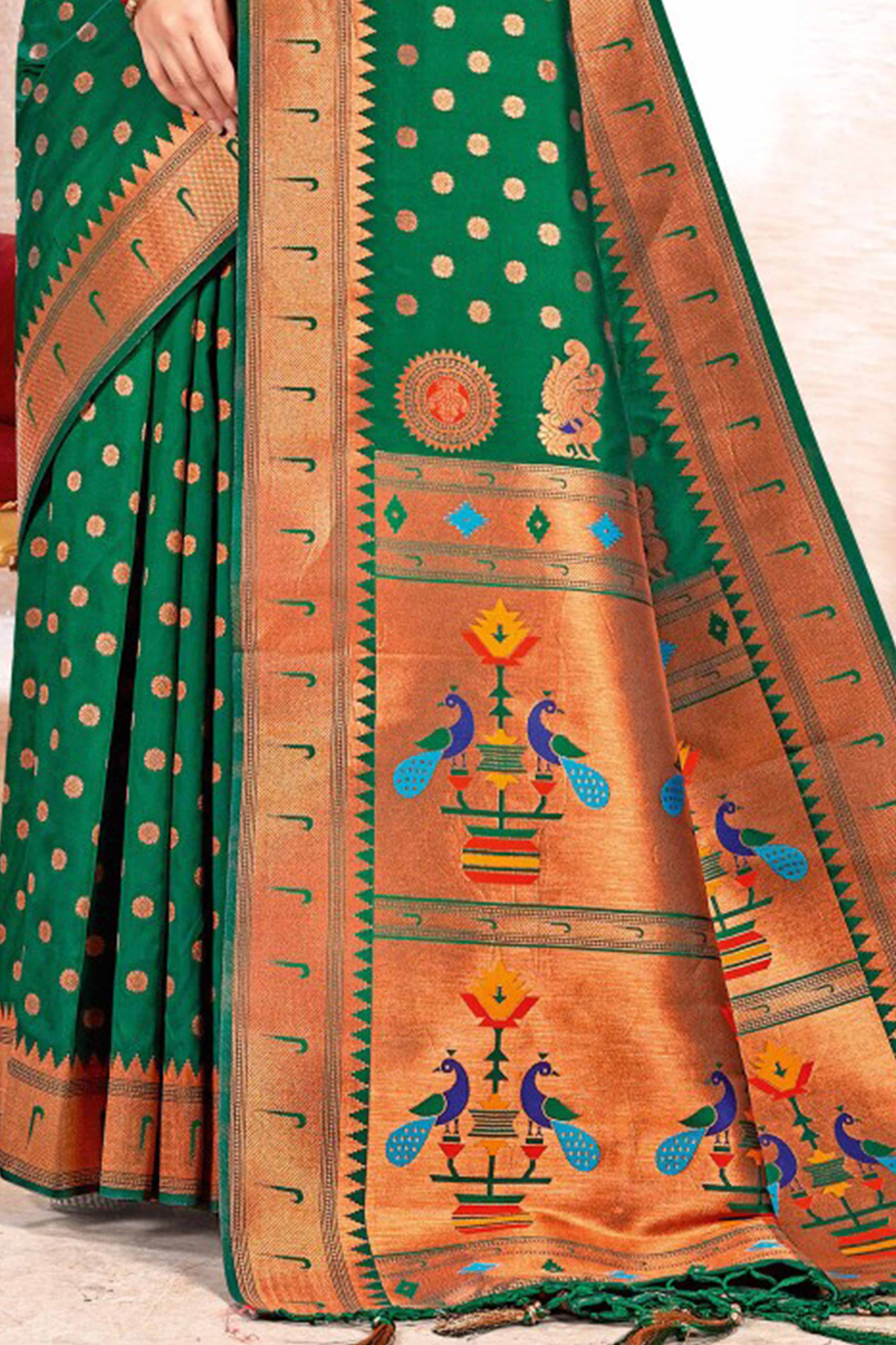 Green Floral Zari Weaving Paithani Saree In Lustrous Banarasi Silk With Tassel Pallu