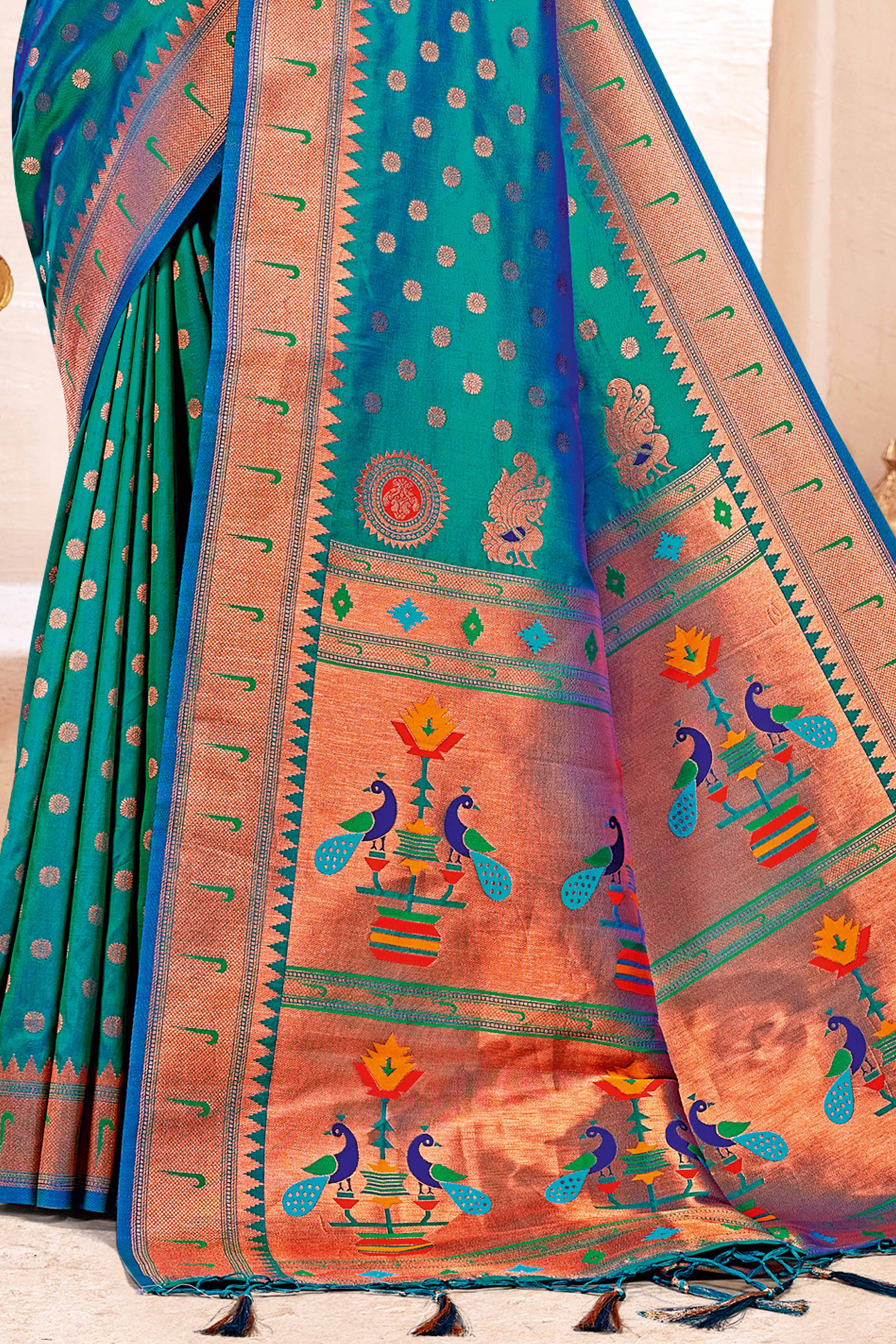 Rama Blue Floral Zari Weaving Paithani Saree In Lustrous Banarasi Silk With Tassel Pallu