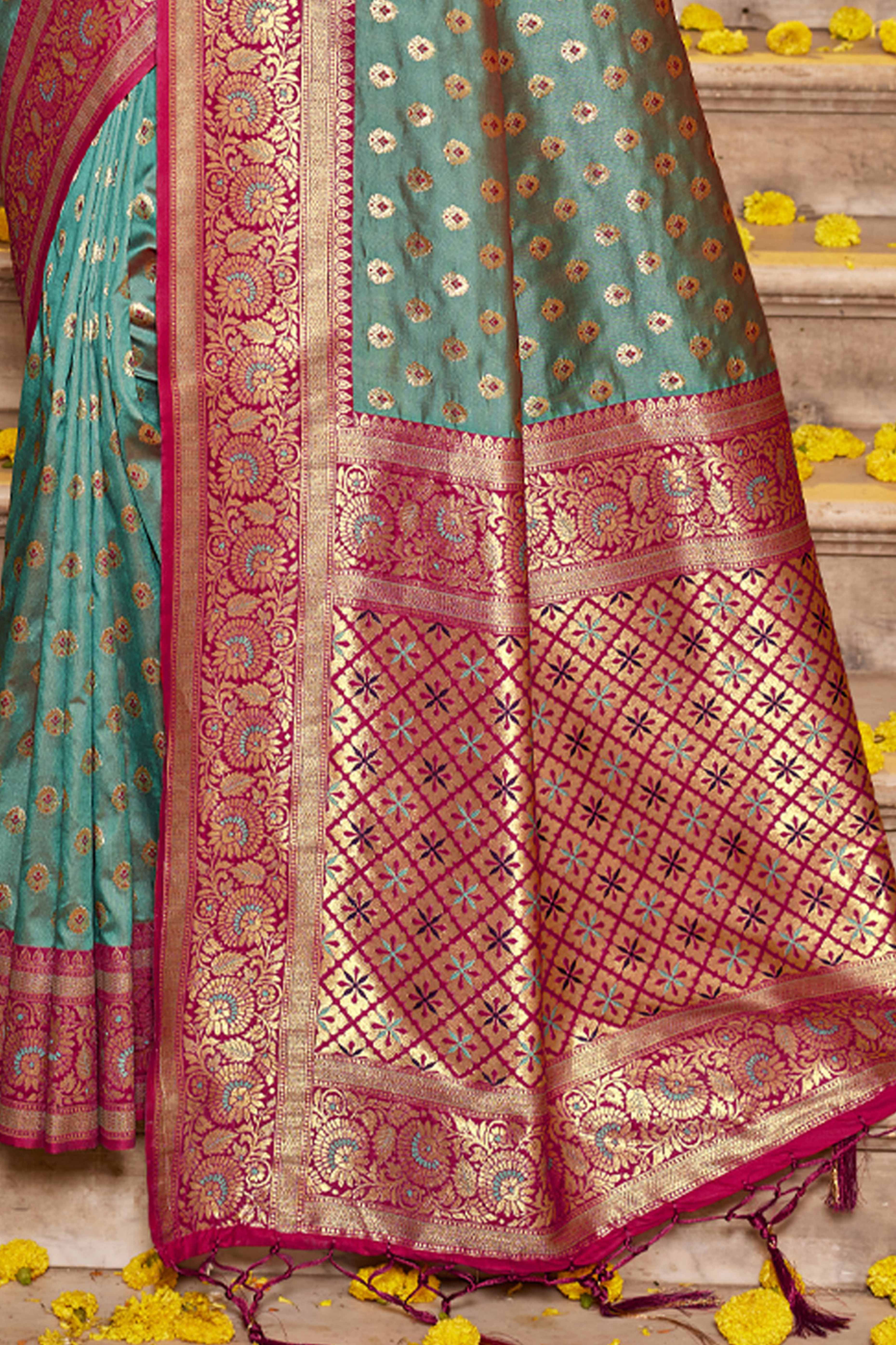 Teal Green Banarasi Silk Saree Featuring Intricate Floral Weaving & Elegant Tassel Pallu