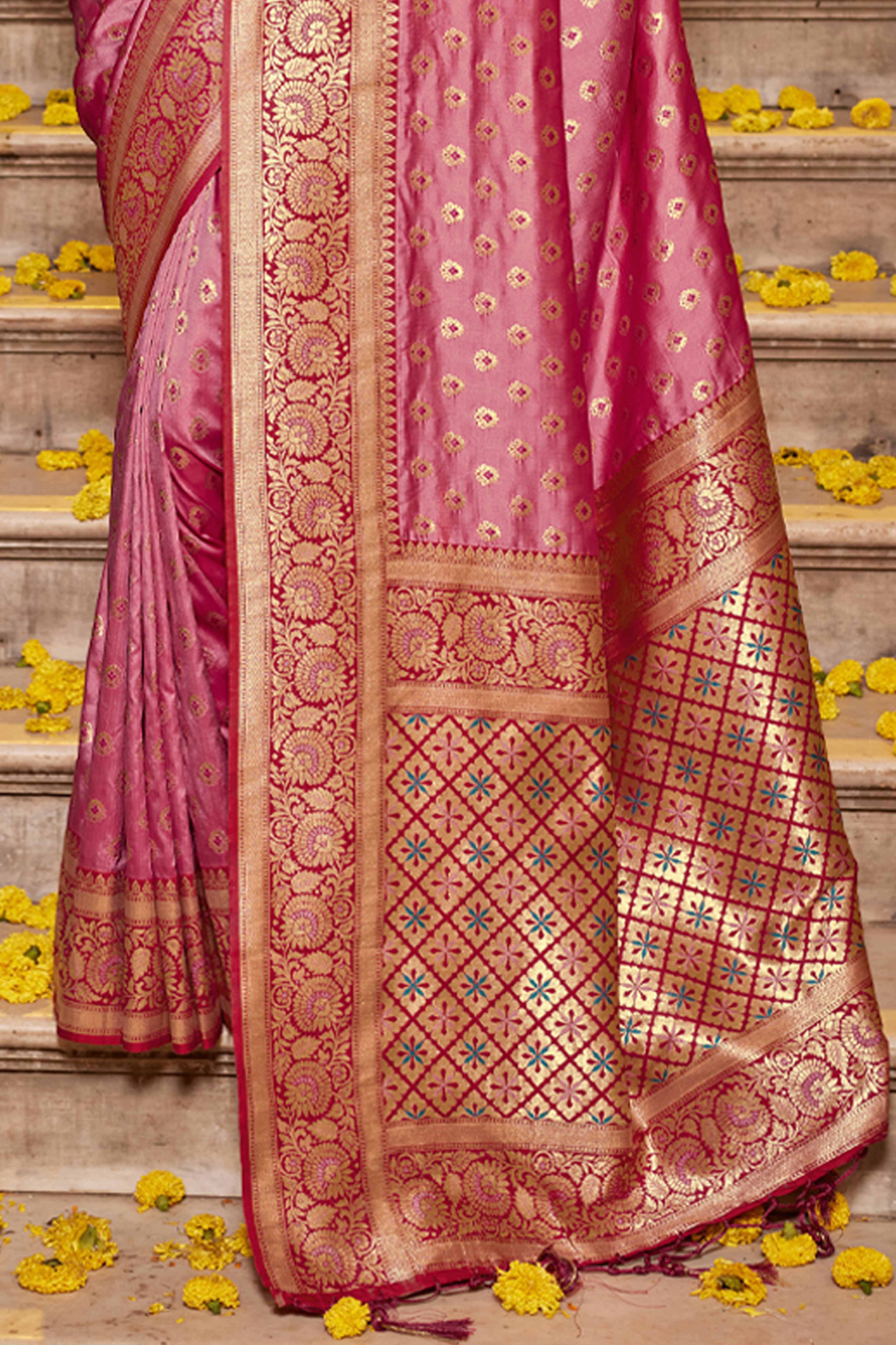 Onion Pink Banarasi Silk Saree Featuring Intricate Floral Weaving & Elegant Tassel Pallu