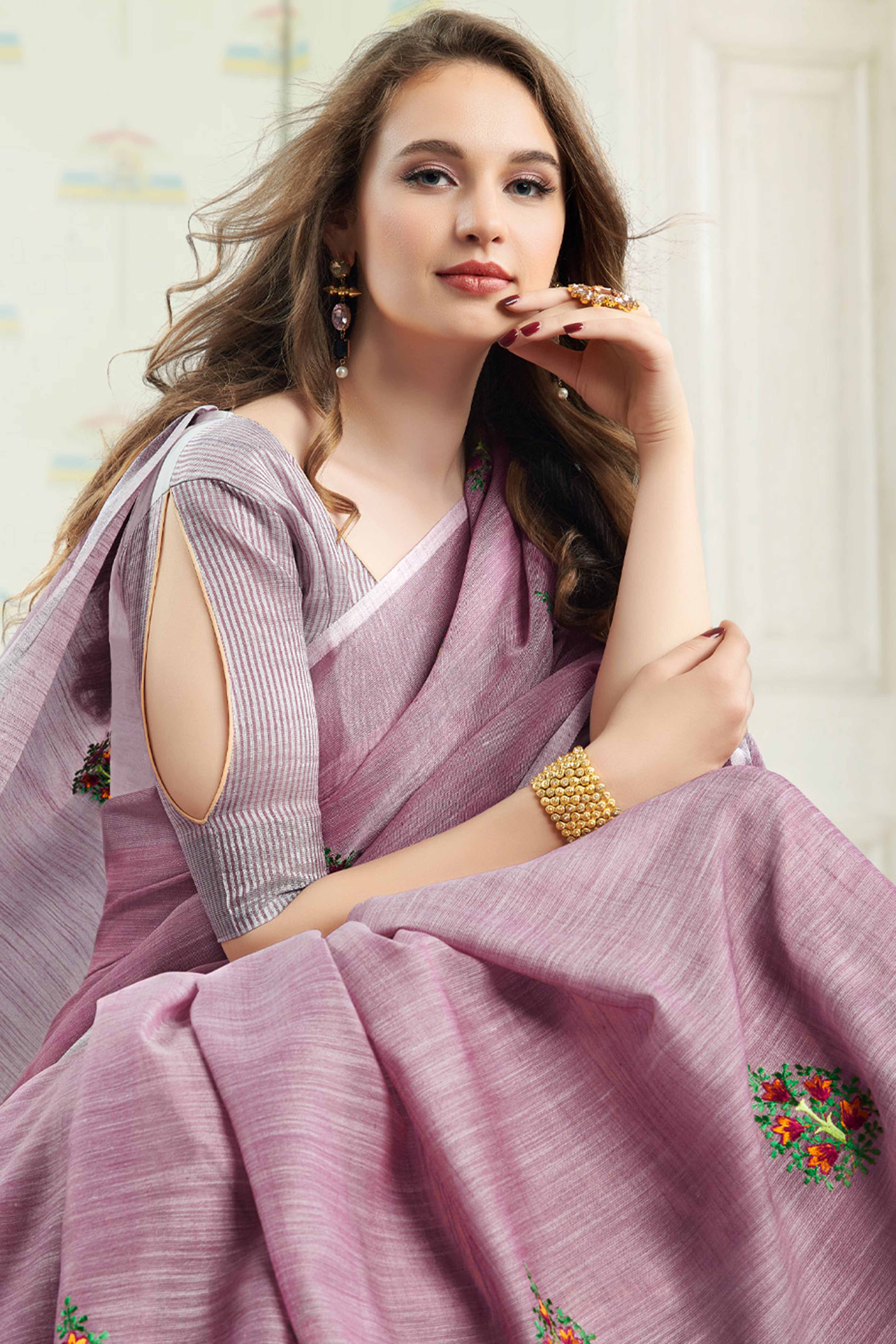 Light Purple Linen Saree with Intricate Floral Embroidery and Classic Weaving