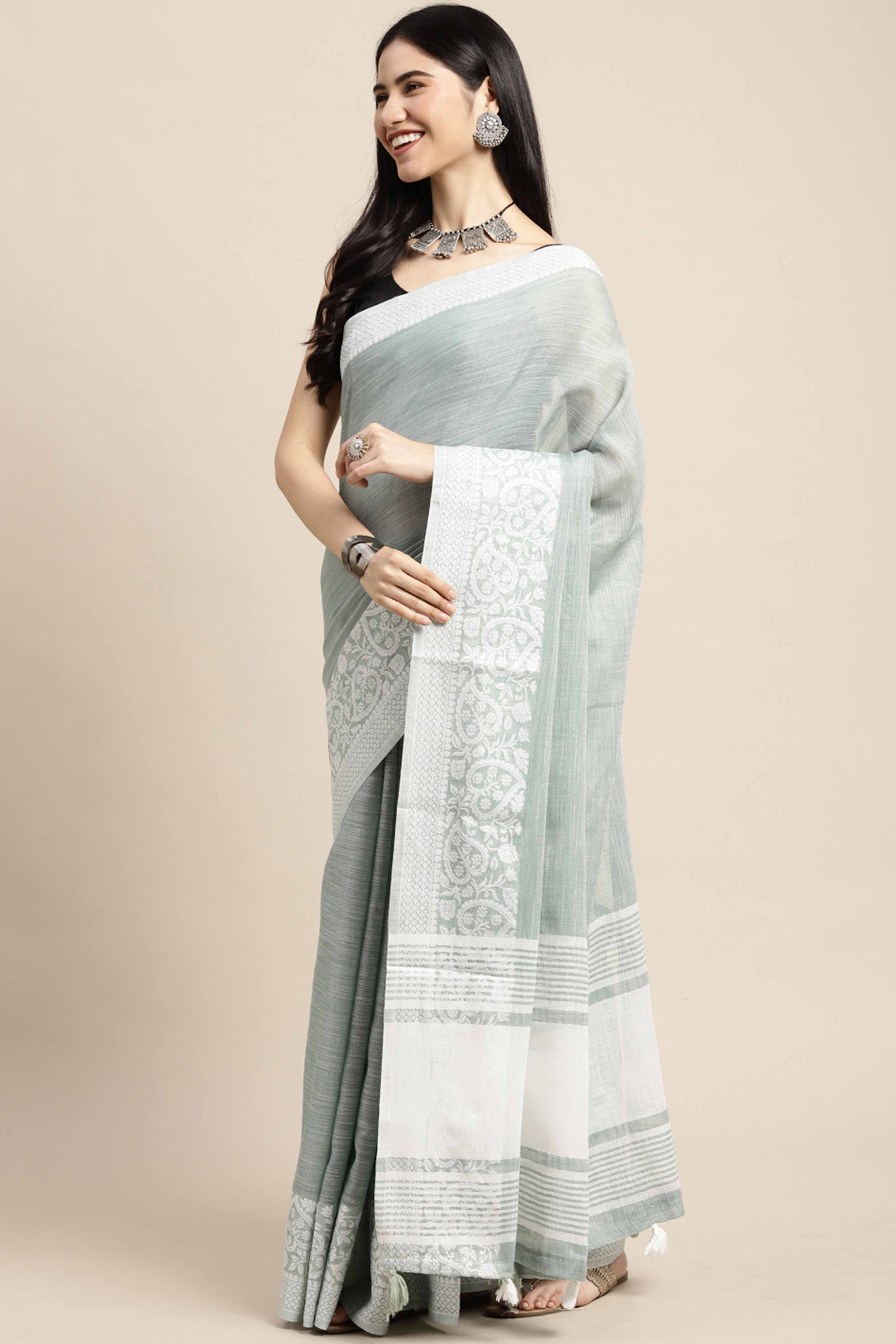 Sea Green Festive Linen Weaving Saree with Silver Zari Border & Pallu