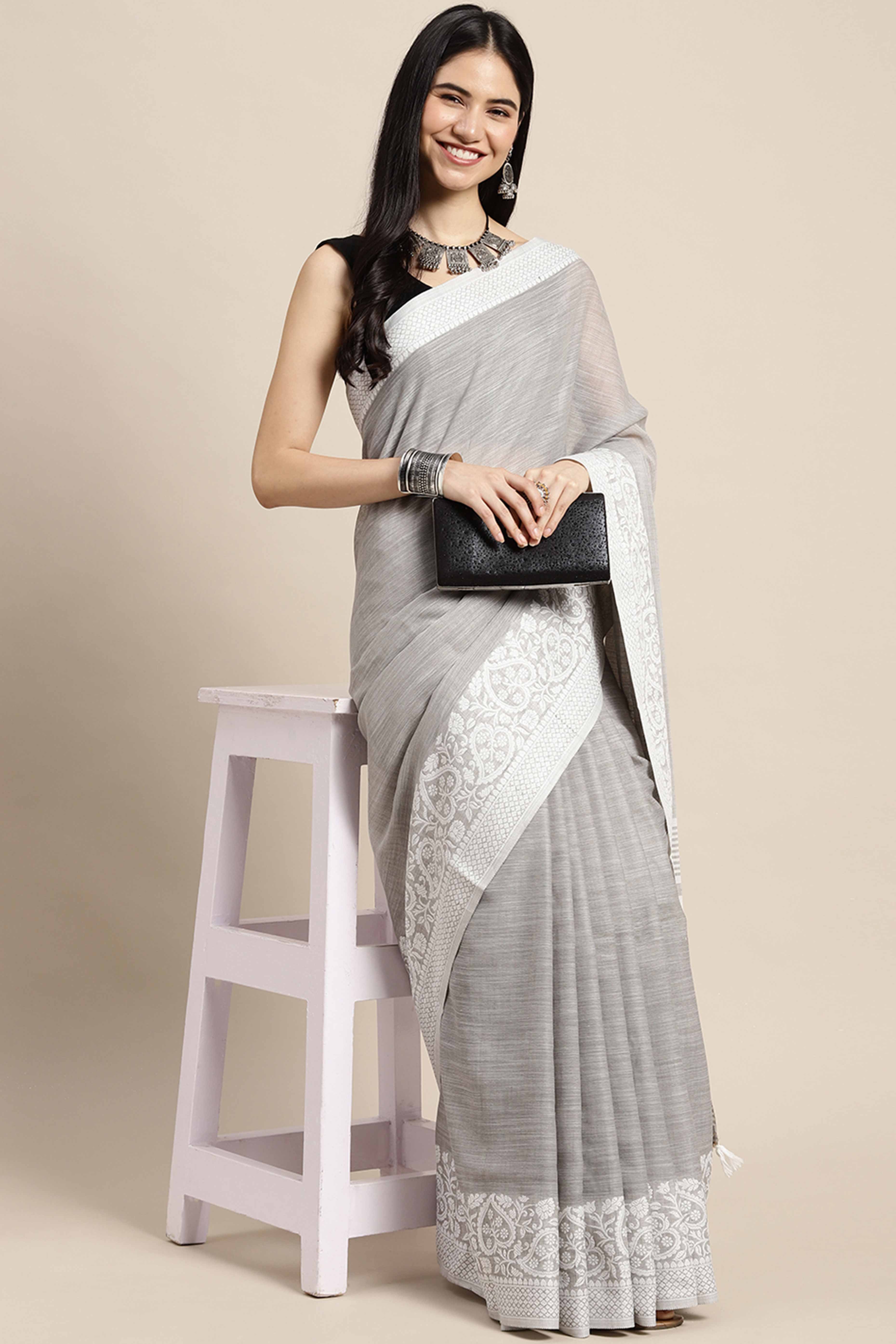 Grey Festive Linen Weaving Saree with Silver Zari Border & Pallu