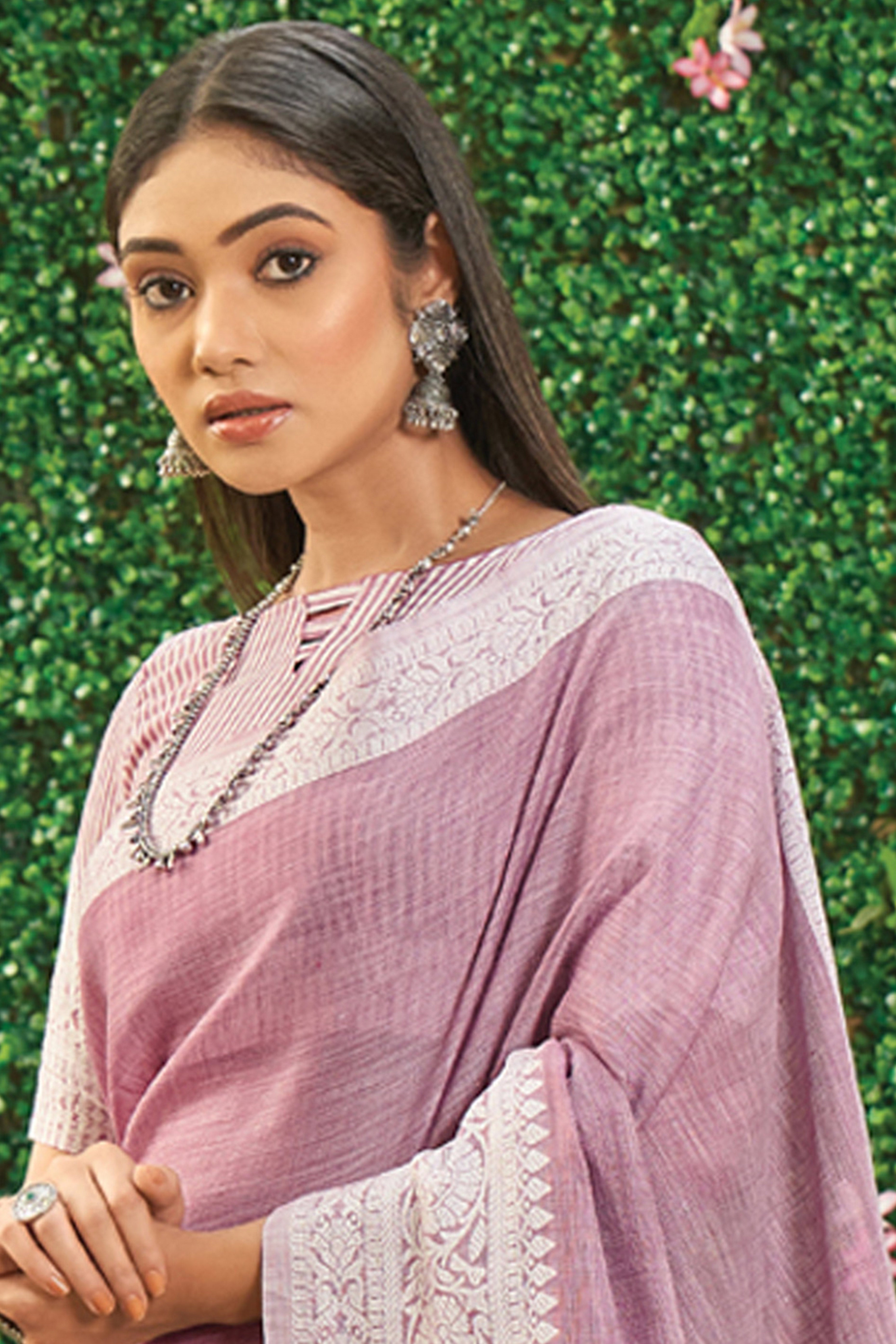 Onion Pink Lightweight Linen Saree with Decorative Zari Border Weaving