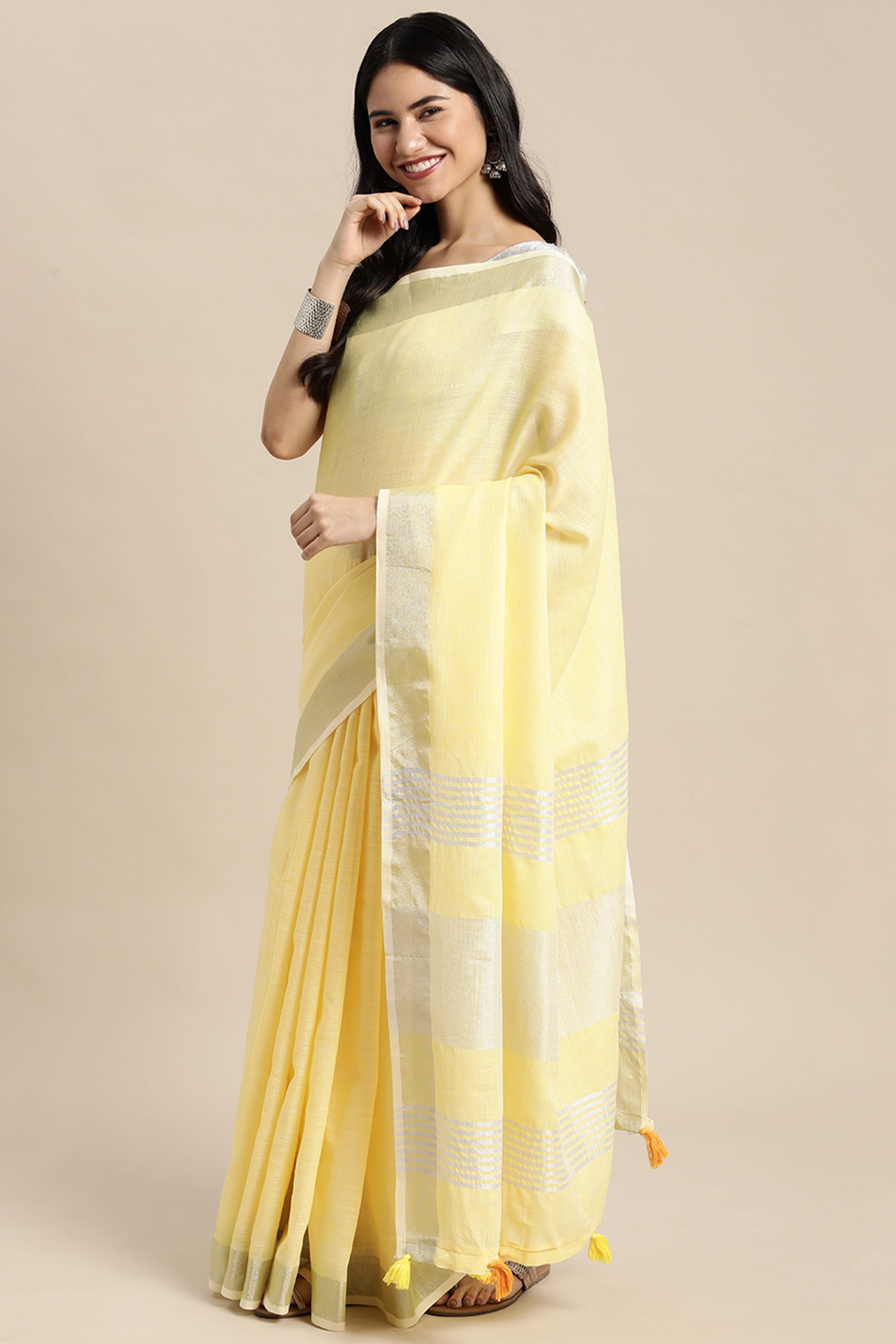 Yellow Linen Saree Adorned With Silver Zari Weaving Border & Pallu