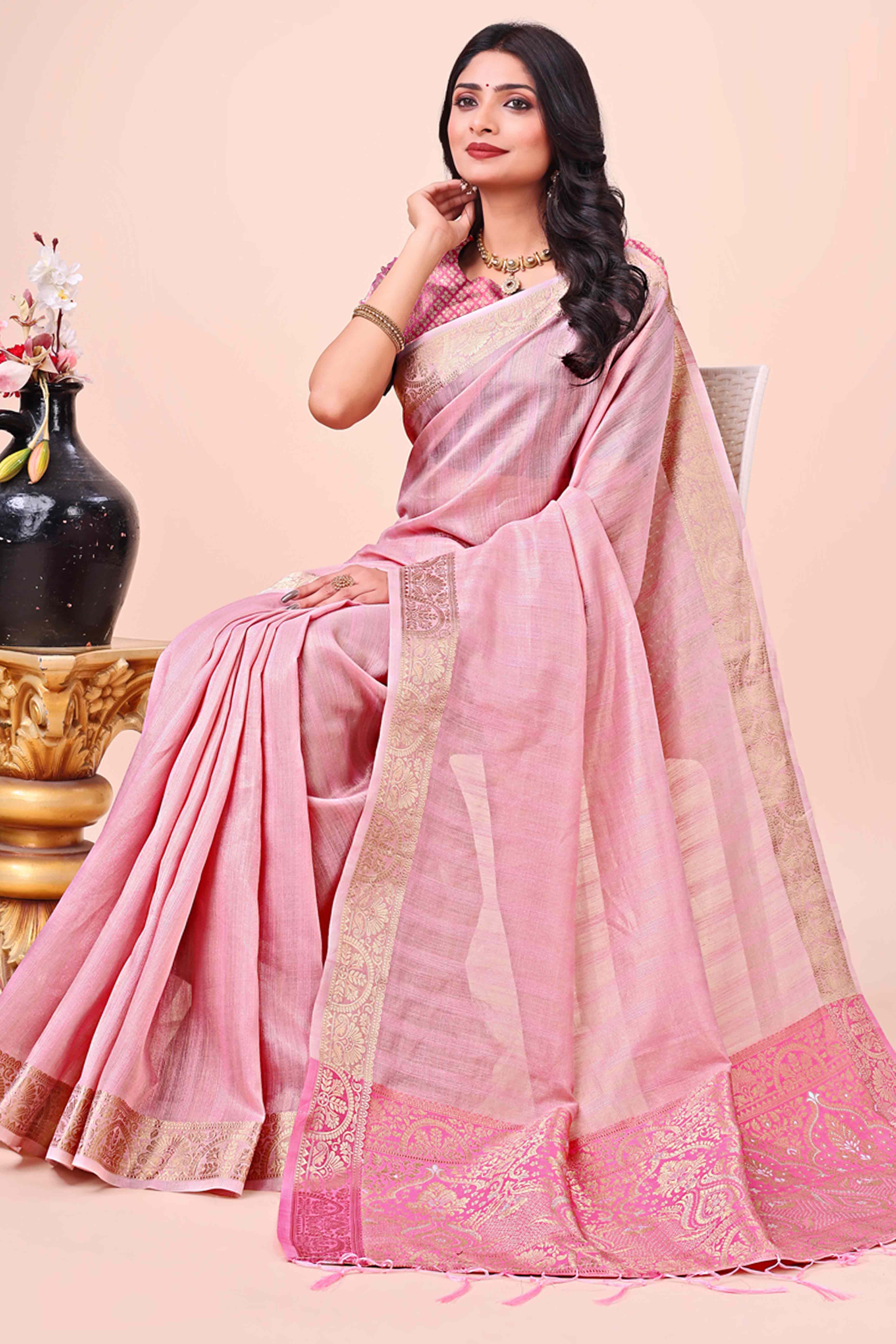 Pink Organza Saree With Floral Zari Weave & Tassel Accents