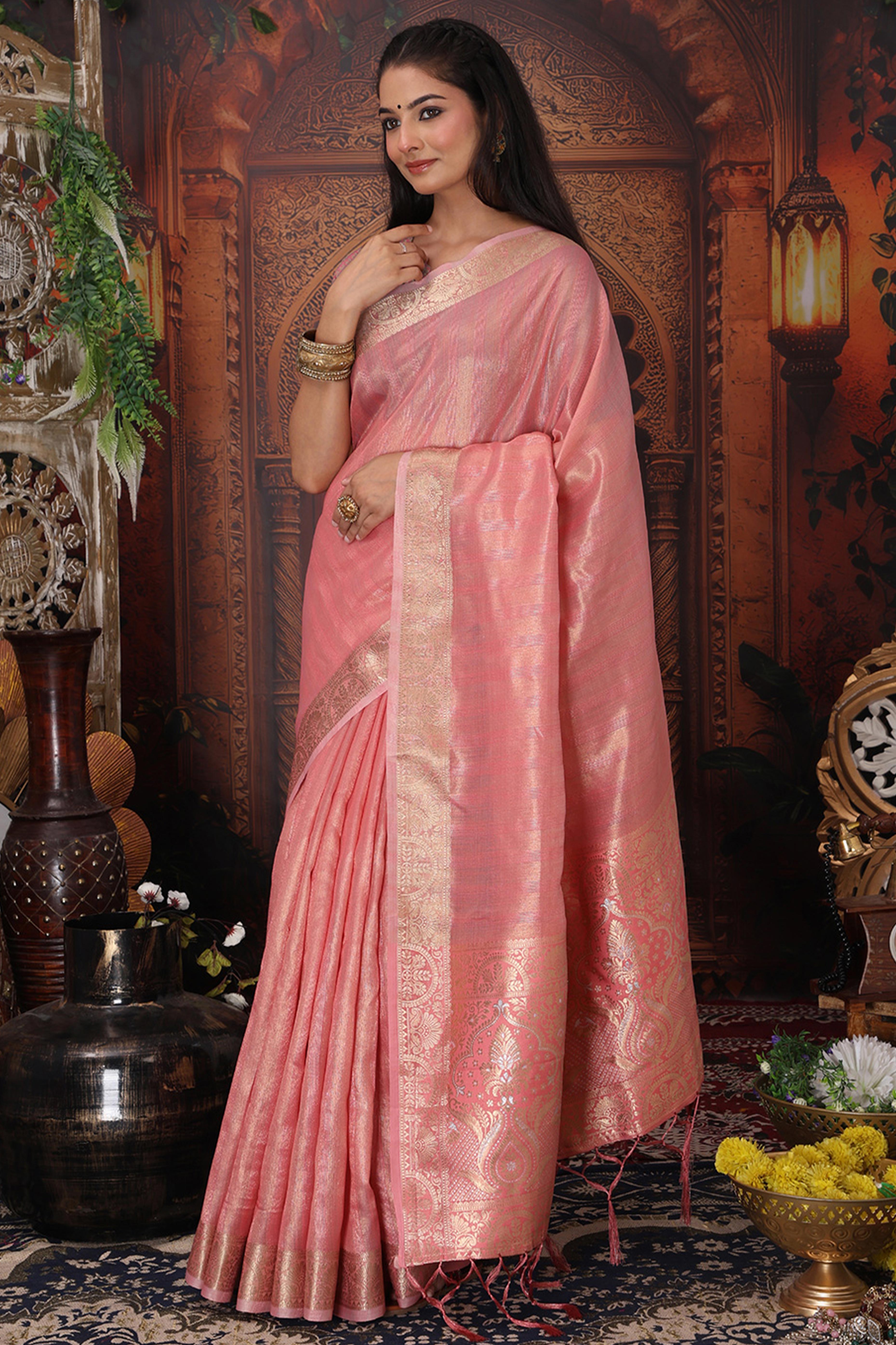 Blush Pink Organza Saree Adorned With Floral Zari Weaving & Graceful Tassel Pallu