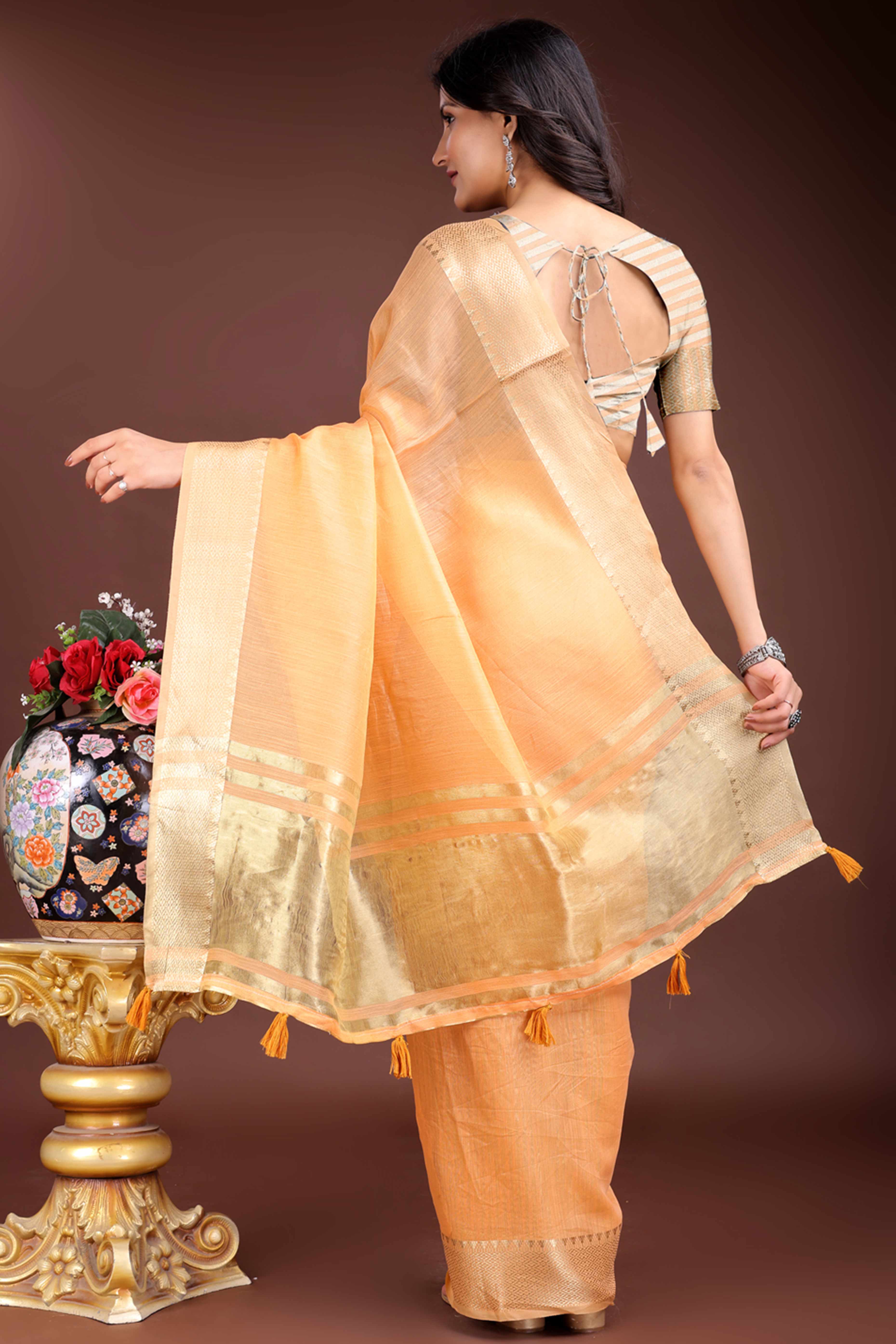Orange Cotton Silk Saree with Solid Zari Woven Border and Tassels