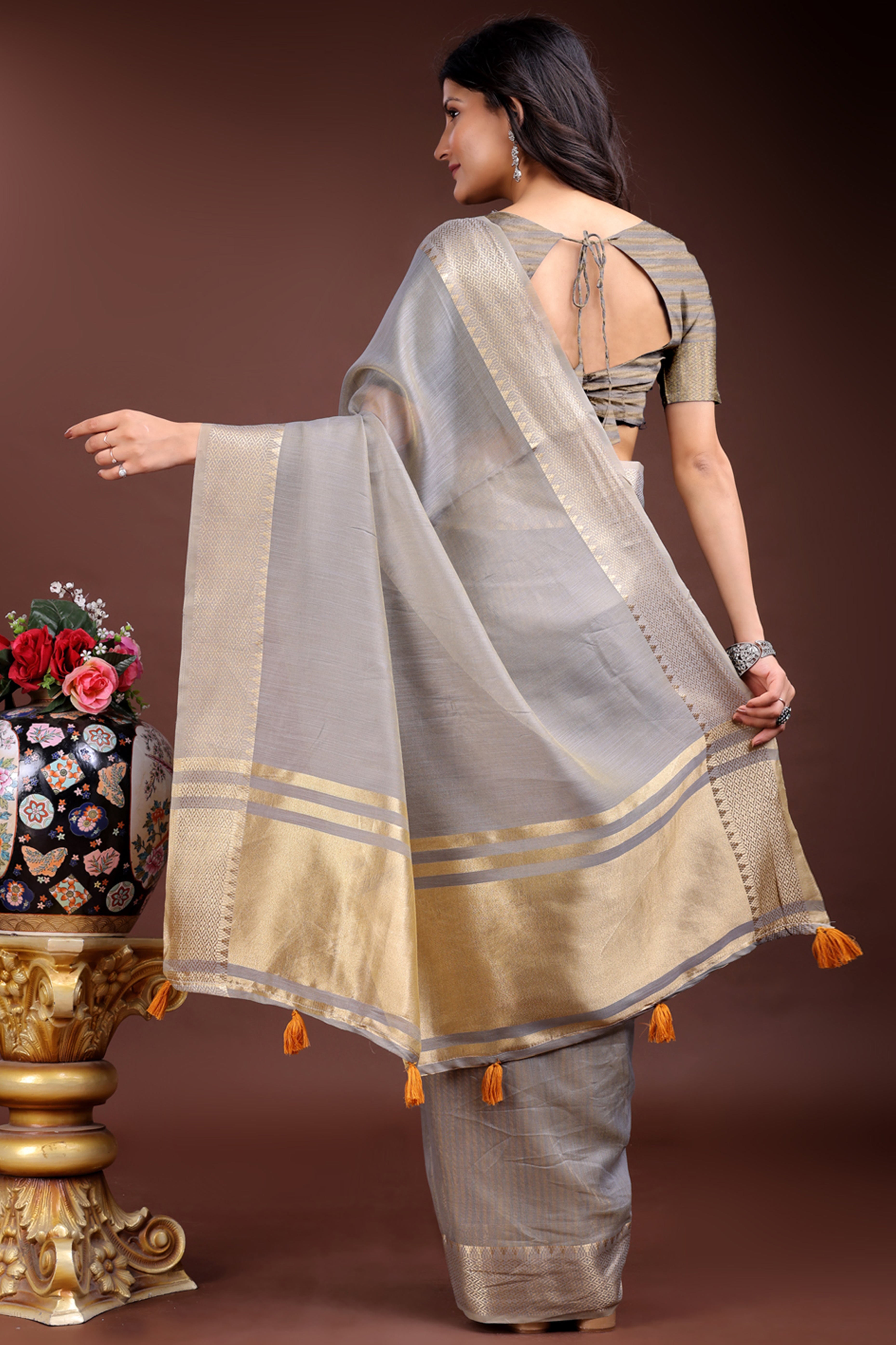 Grey Cotton Silk Saree with Solid Zari Woven Outline and Tassels