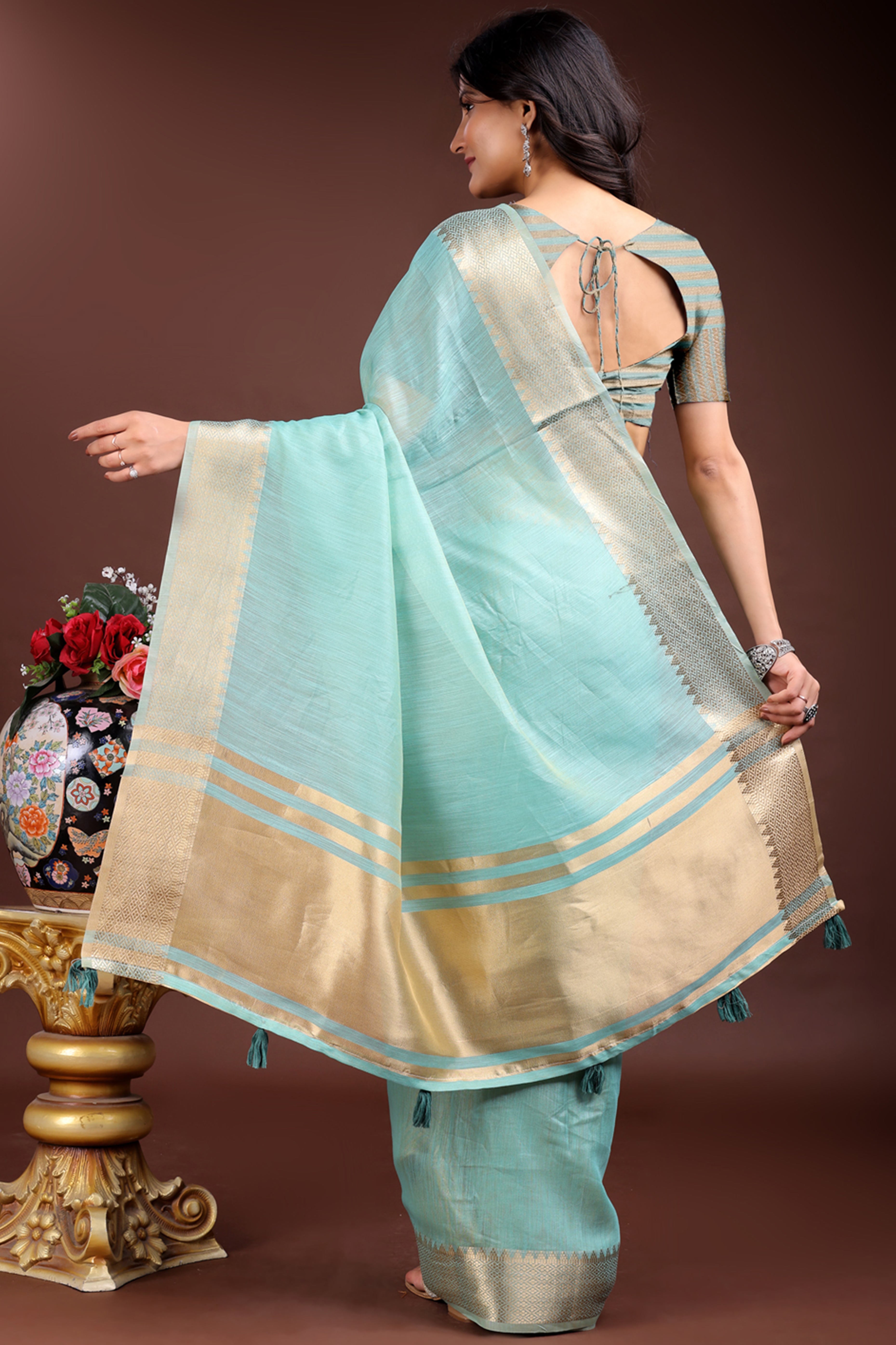 Sea Green Cotton Silk Saree with Solid Zari Woven Frame and Tassels