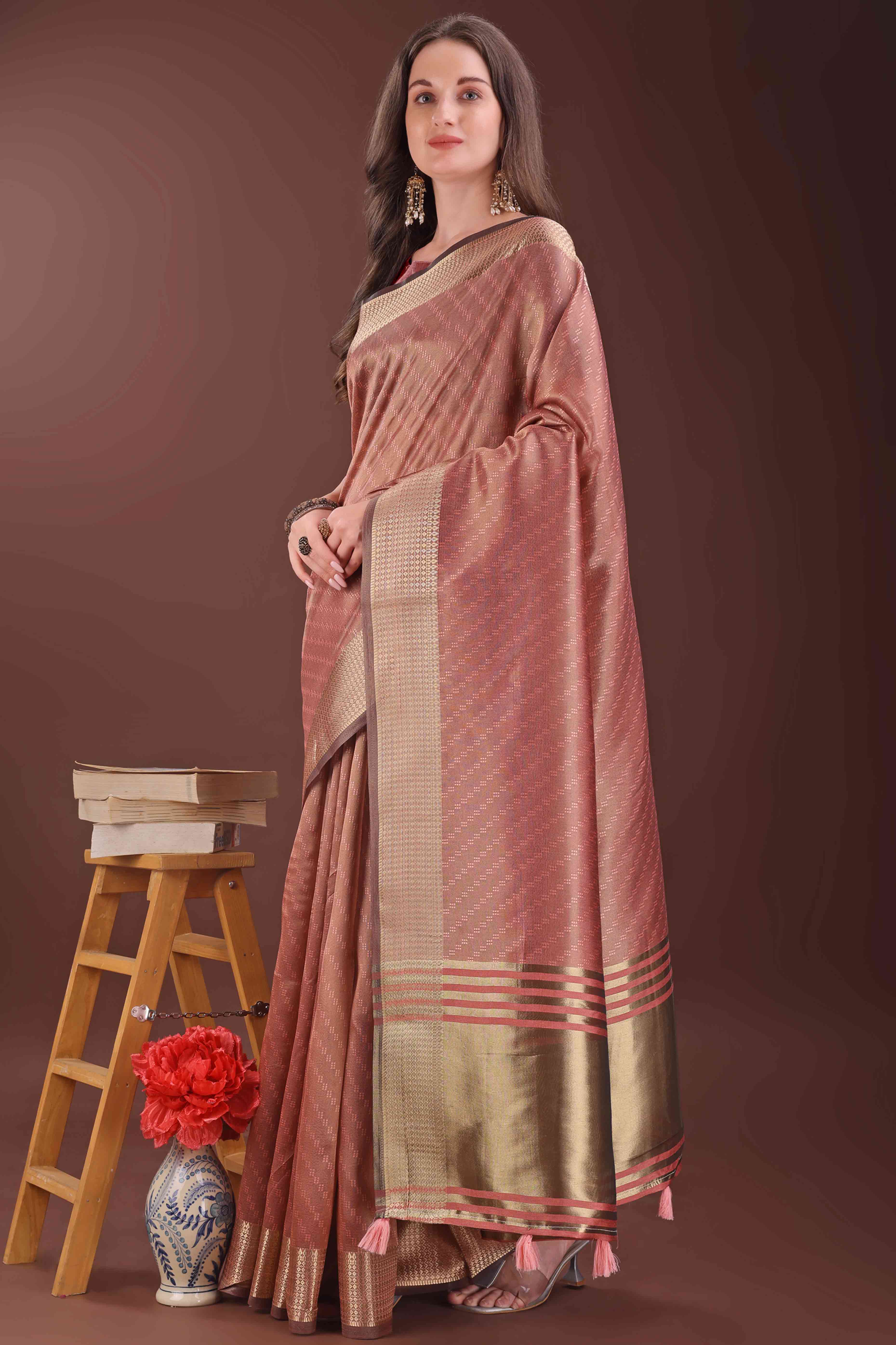 Dark Dusty Peach Zari Weaving Organza Saree With Tassel Border