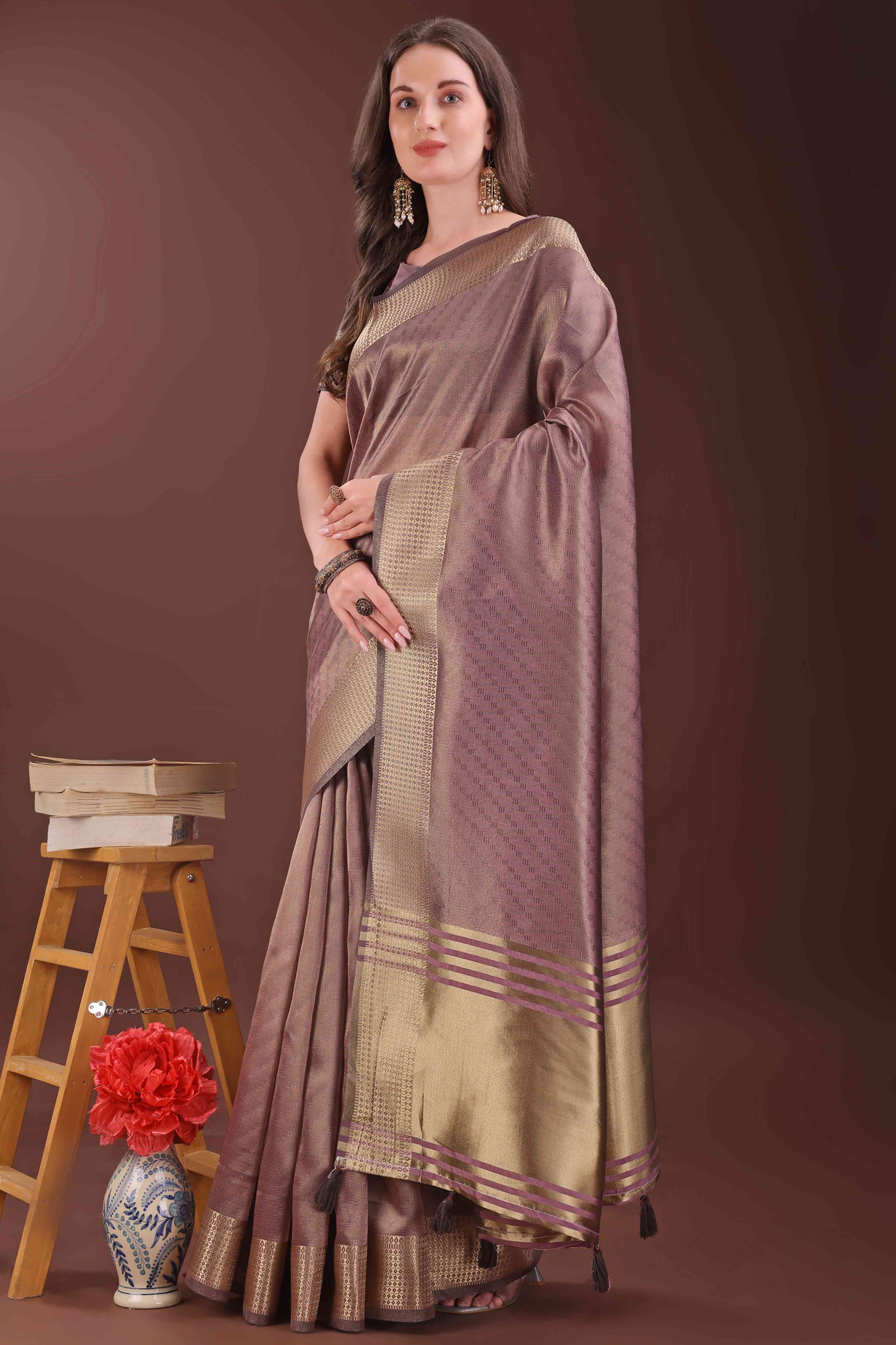 Mauve Zari Weaving Organza Saree With Tassel Border