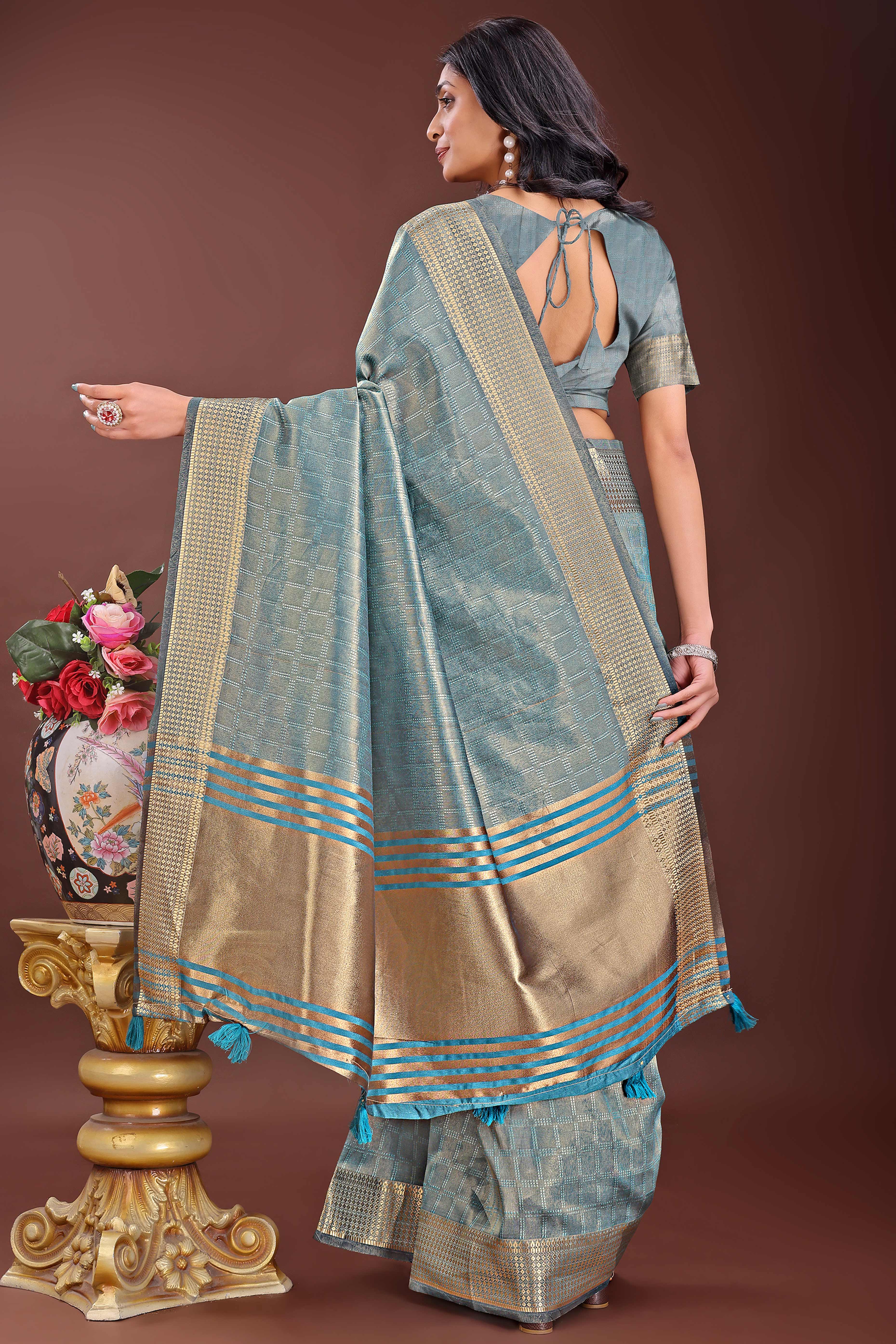 Blue Organza Saree With Intricate Zari Woven Checks & Tassel Border