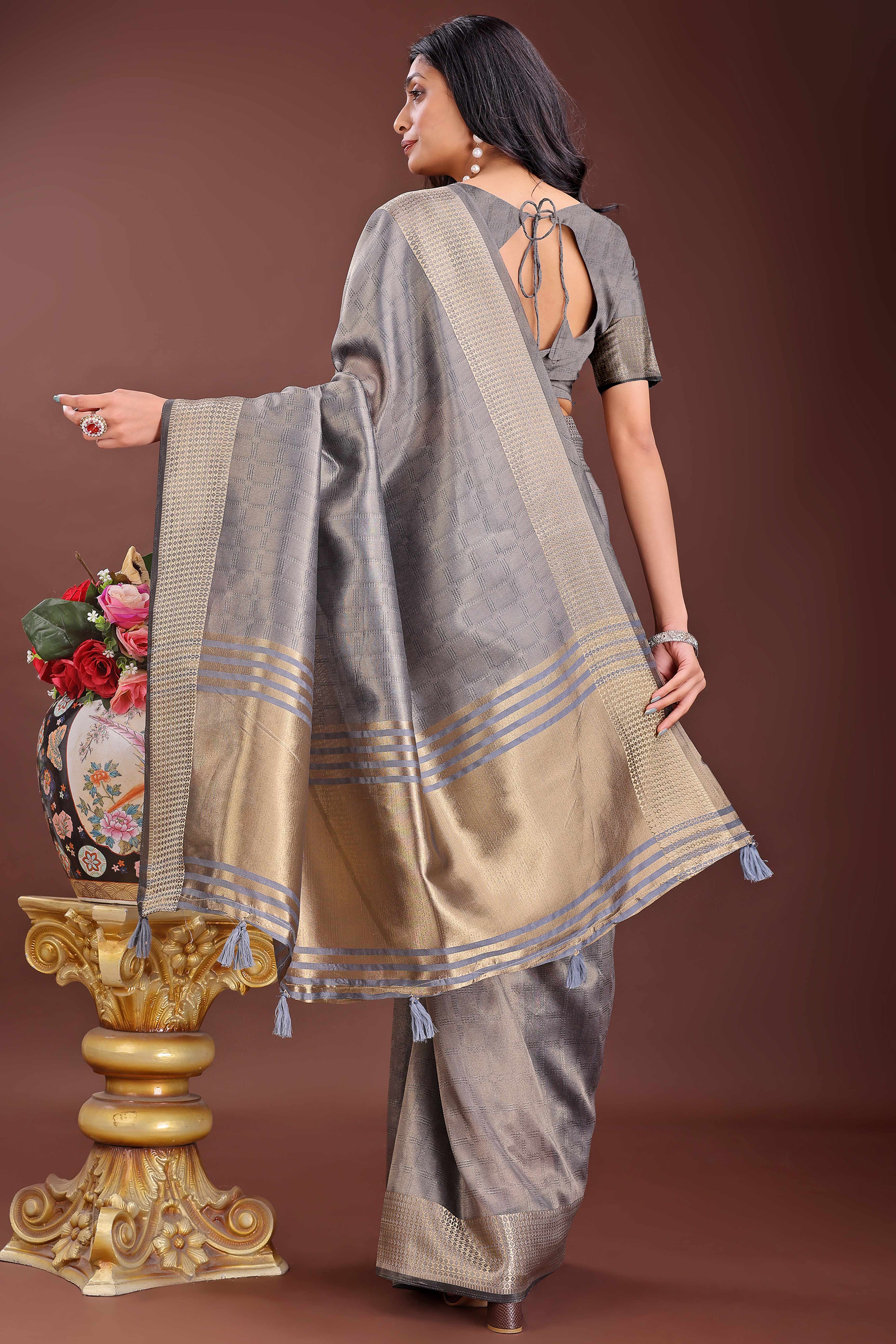 Grey Organza Saree With Intricate Zari Woven Checks & Tassel Border