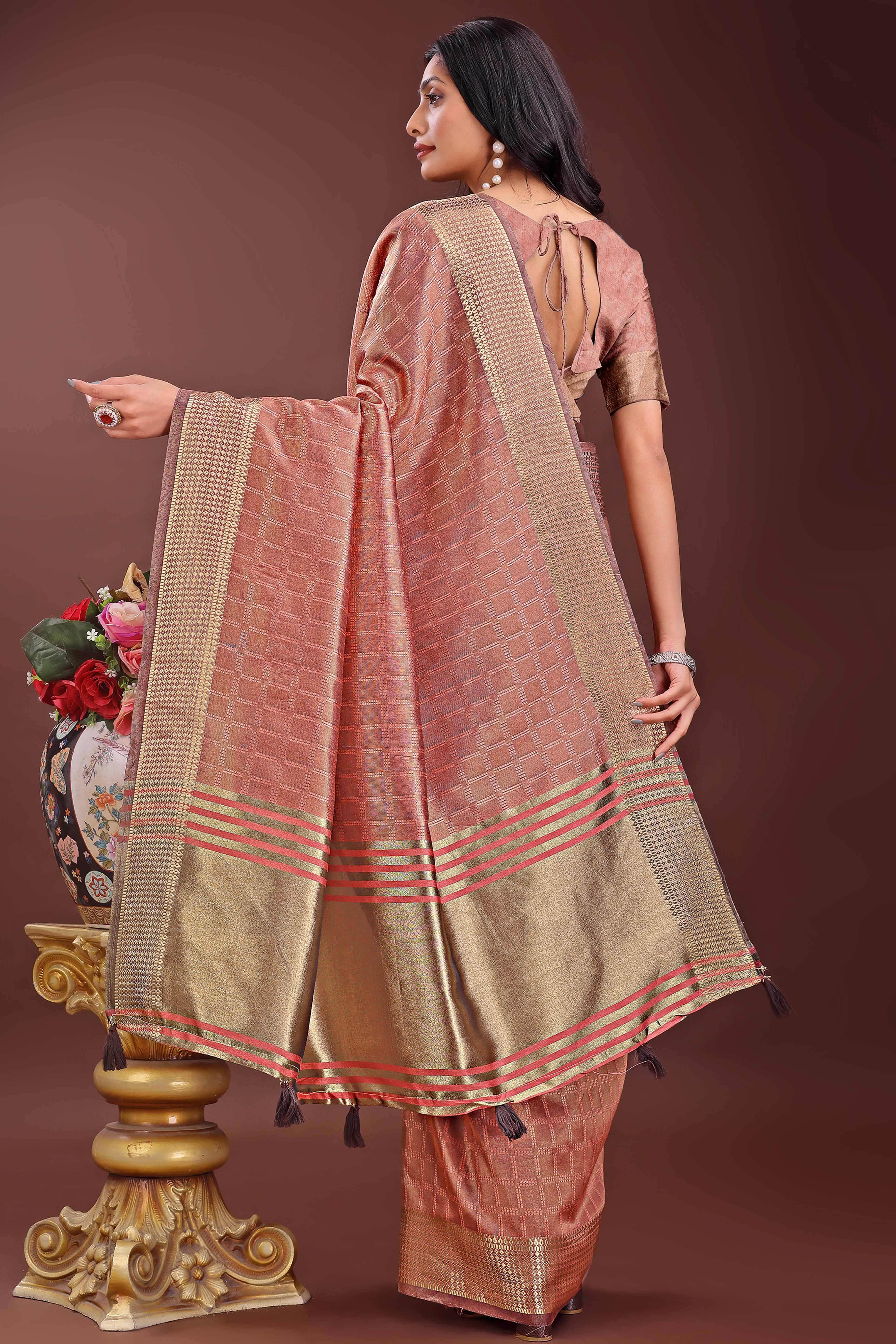 Peach Organza Saree With Intricate Zari Woven Checks & Tassel Border