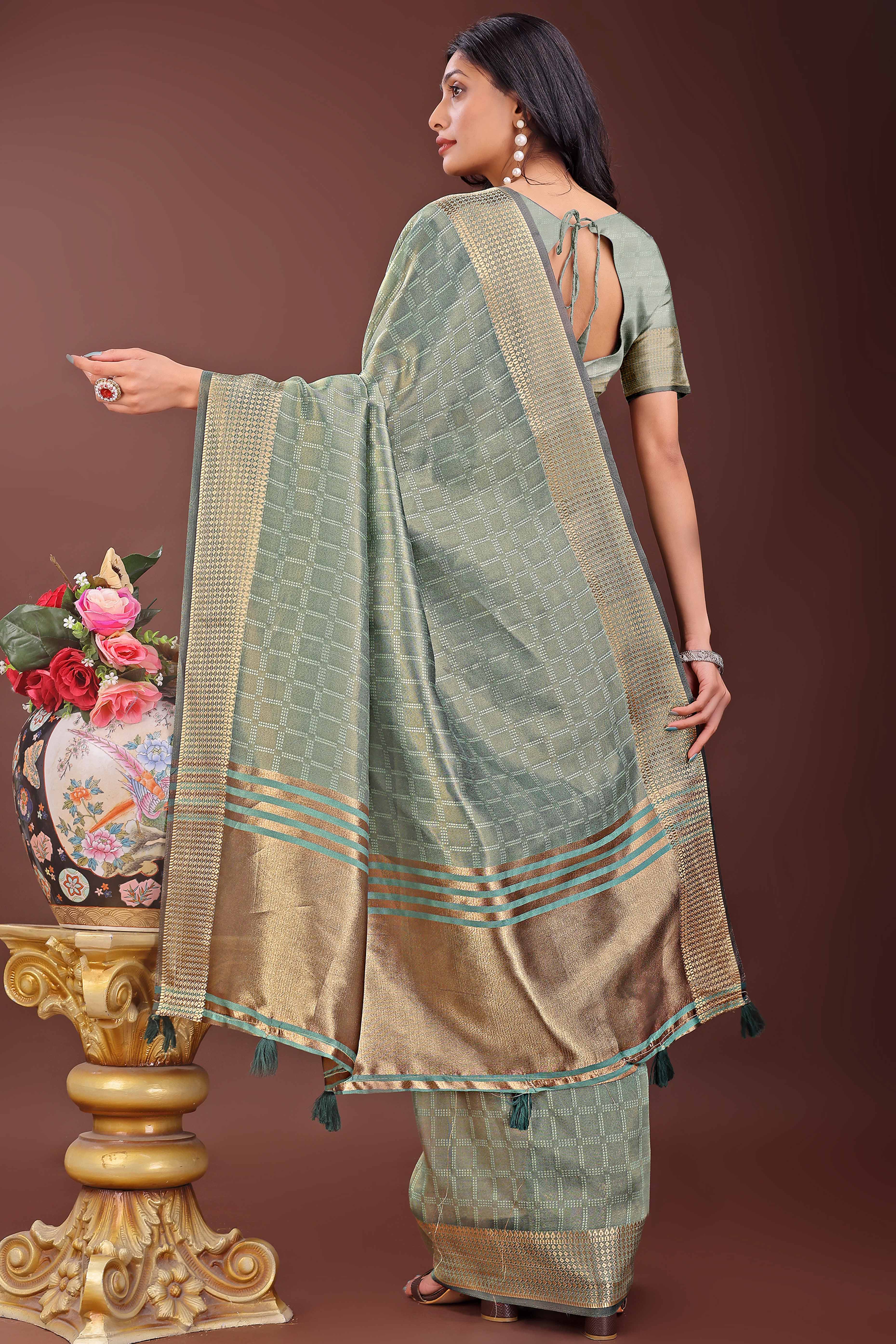 Green Organza Saree With Intricate Zari Woven Checks & Tassel Border
