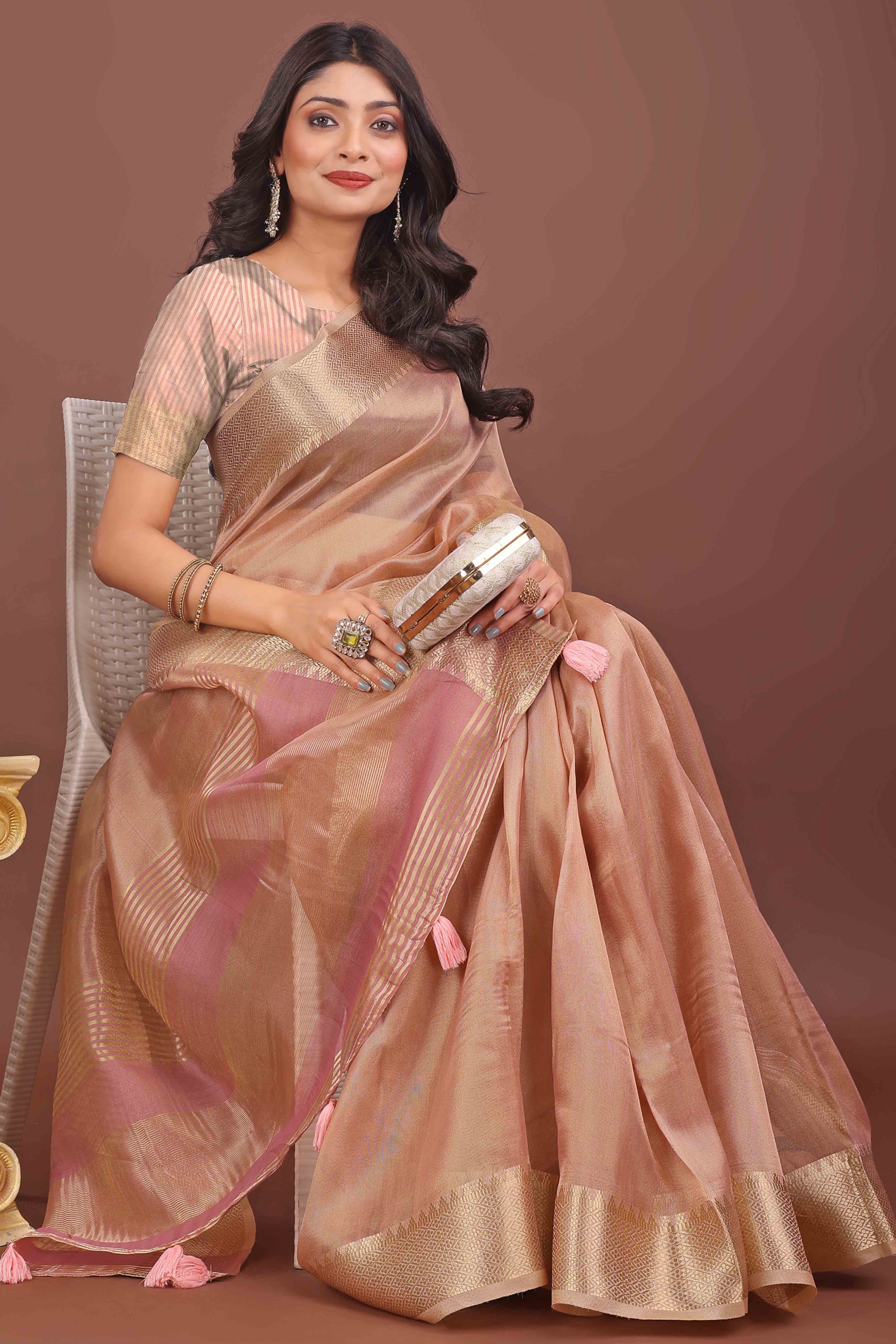 Peach Solid With Zari Woven Organza Saree With Tassel Border